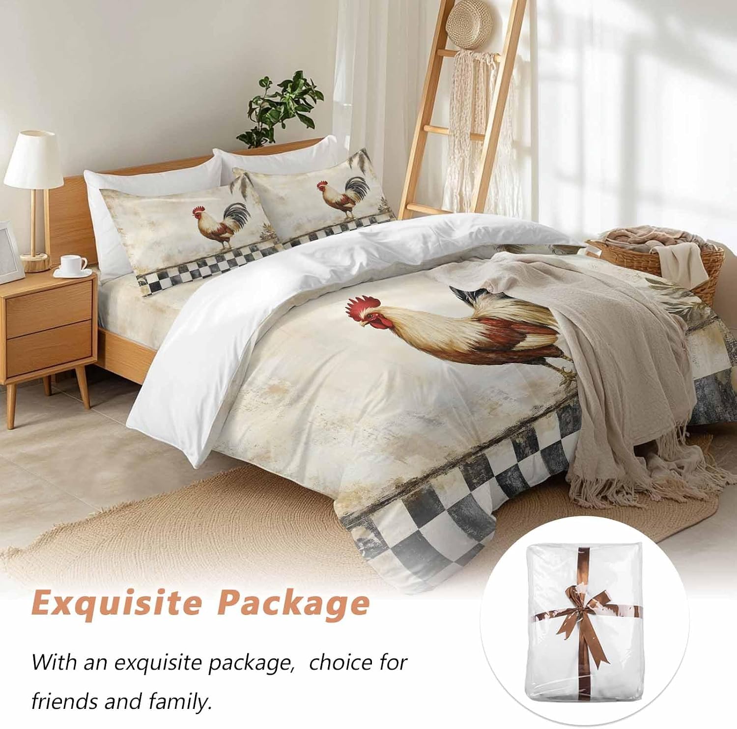 Rooster Chicken Duvet Cover Set Queen Size 4 Pieces Black Plaid Watercolor Vintage Texture Farm Bedding Set with Zipper Closure, 1 Comforter Cover 90x92 Inches 1 Flat Sheet & 2 Pillow Cases