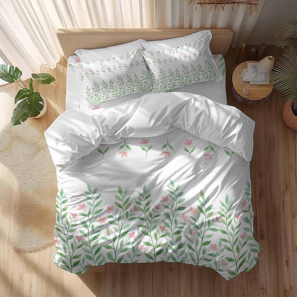 Prime Leader Spring Green Leaf Duvet Cover Set Queen Size 4 Pieces Watercolor Pink Flower Simple Country Bedding Set with Zipper Closure, 1 Comforter Cover 86x86 Inches 1 Flat Sheet & 2 Pillow Cases