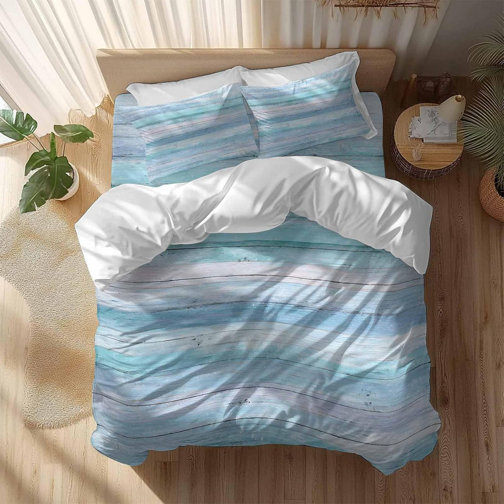 Prime Leader Summer Duvet Cover Set Queen Size 4 Pieces Gradient Blue Wood Grain Rustic Farmhouse Modern Bedding Set with Zipper Closure, 1 Comforter Cover 92x106 Inches 1 Flat Sheet & 2 Pillow Cases