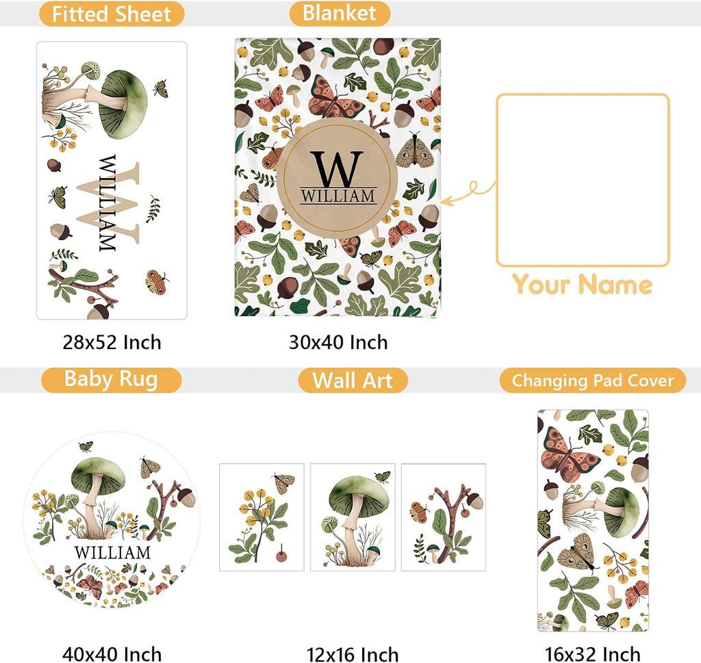 Terwex Personalized Crib Bedding Set, 5 Pcs Custom Nursery Bedding Sets with Name, Infant Bedding Set for Baby Boy Girl, Mushroom Double Layer Baby Crib Set, Babies Toddlers Kids Customized Gifts