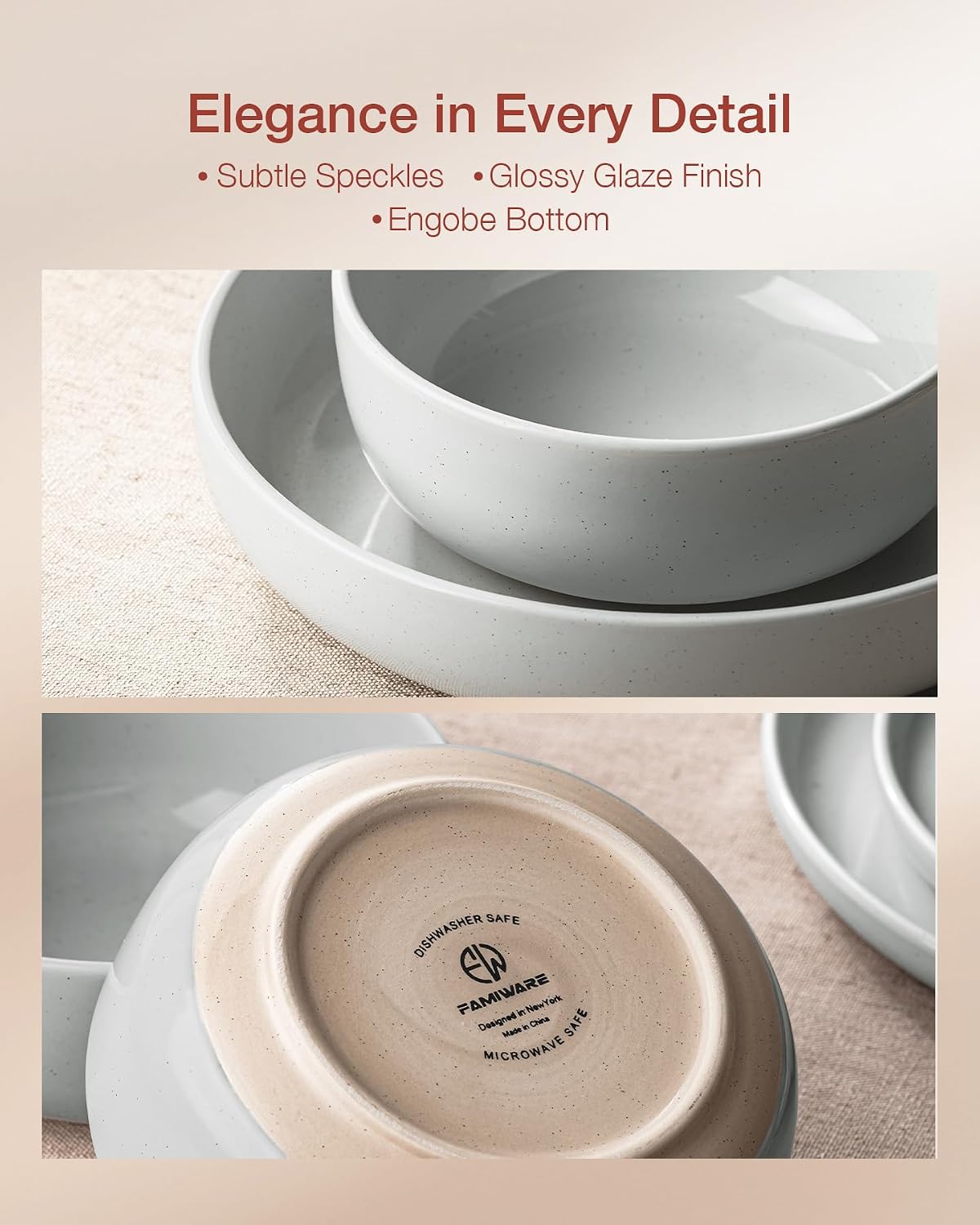 Famiware Milkyway Stoneware Dinnerware Sets with Pasta Bowls, Service for 6 (24 Pieces), Plates and Bowls Sets -Scratch Resistant, Microwave and Dishwasher Safe Dishes Set, Light Gray