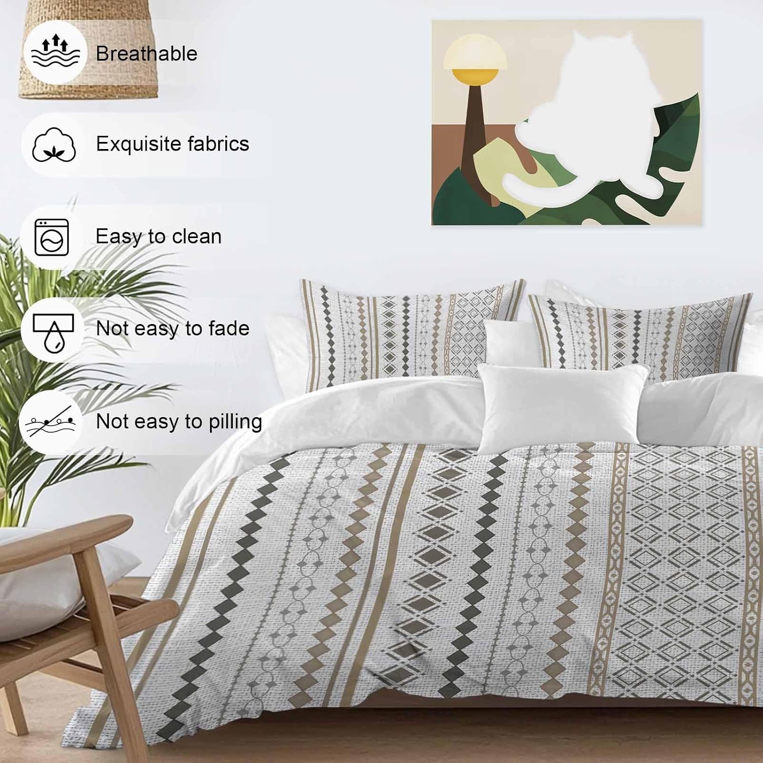 Bohemia Geometric Duvet Cover Set Queen Size 4 Pieces Brown Stripes Diamond Ethnic Linen Texture Bedding Set with Zipper Closure, 1 Comforter Cover 90x92 Inches 1 Flat Sheet & 2 Pillow Cases
