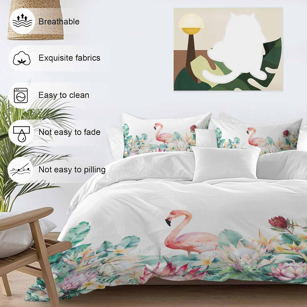 Pastoral Duvet Cover Set Queen Size 4 Pieces Watercolors Green Tropical Floral Plants Flaming Birds Bedding Set with Zipper Closure, 1 Comforter Cover 90x92 Inches 1 Flat Sheet & 2 Pillow Cases