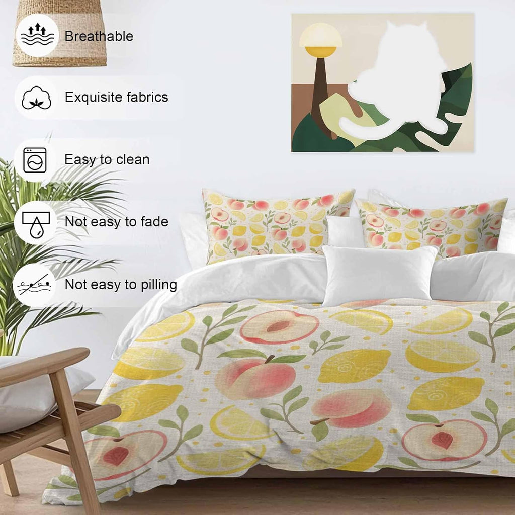 Prime Leader Fruit Leaves Duvet Cover Set Queen Size 4 Pieces Pink Peaches Yellow Lemons Vintage Linen Bedding Set with Zipper Closure, 1 Comforter Cover 90x92 Inches 1 Flat Sheet & 2 Pillow Cases