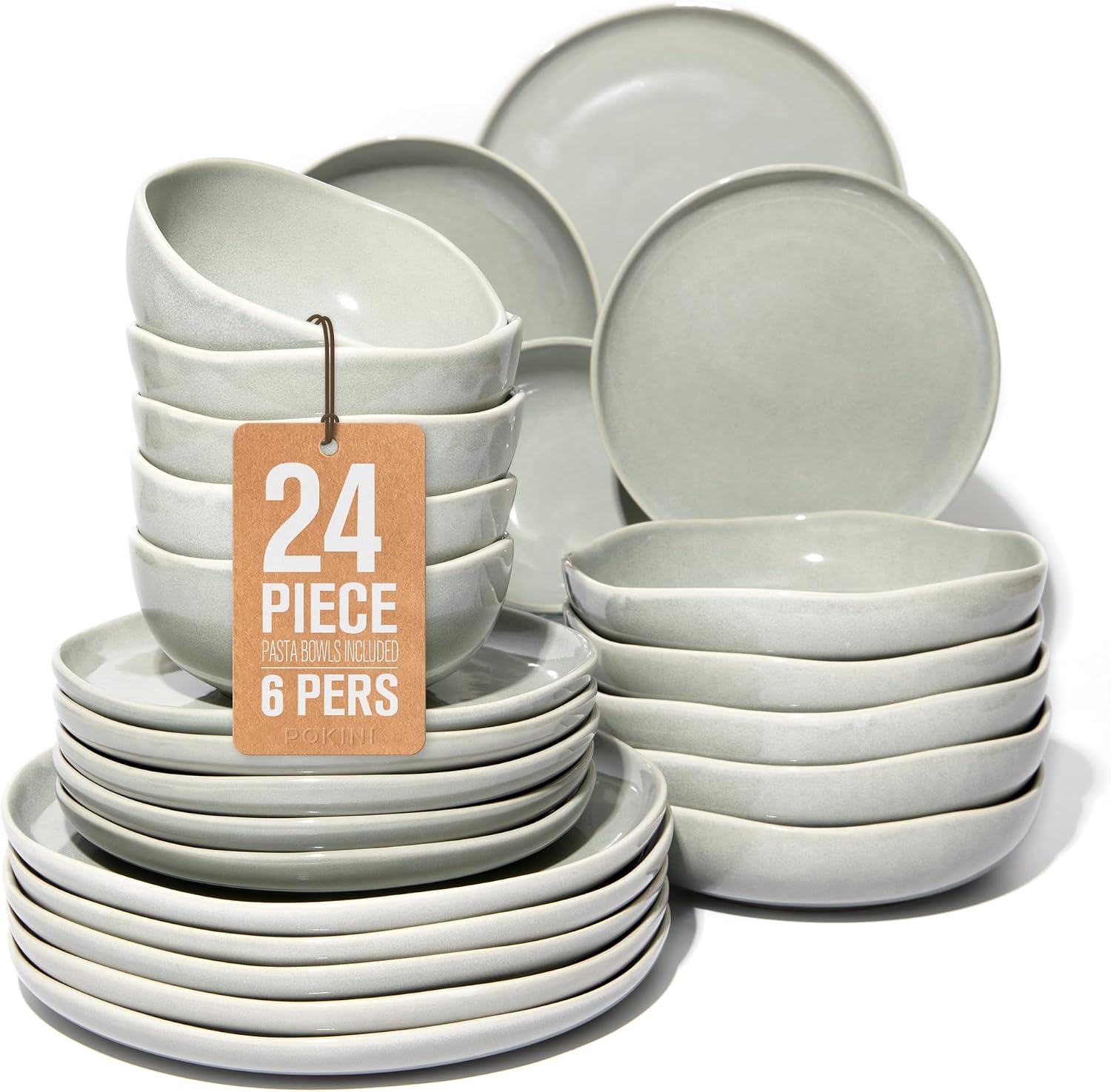 Pokini 24 Pieces Dinnerware Set for 6 with Pasta Bowls, Complete Ceramic Dish Set, Stackable & Glossy Stoneware Plate and Bowl Set for Effortless Everyday Hosting, Gray Green