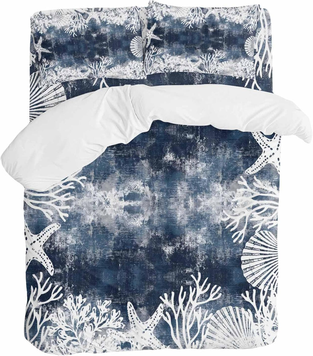 Vintage Blue Ocean Duvet Cover Set Queen Size 4 Pieces Country Nautical Coastal Sea Starfish Shell Coral Bedding Set with Zipper Closure, 1 Comforter Cover 92x106 Inches 1 Flat Sheet & 2 Pillow Cases