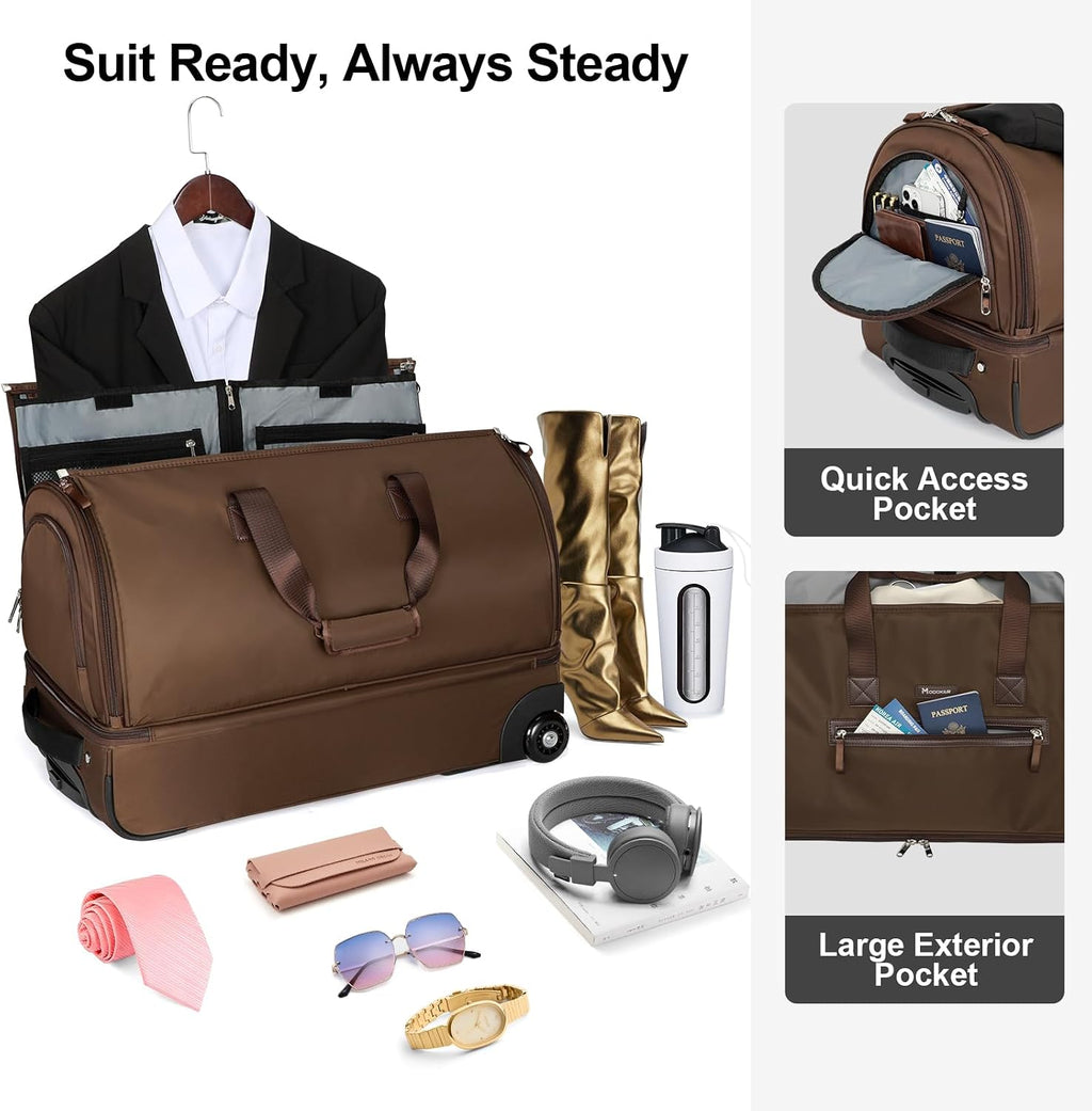 Modoker Convertible Rolling Garment Bag for Travel, Suit Travel Bag with Trolley, Garment Duffel Bag with Wheels & Shoes Compartment for Business Trip, Weekender - Brown