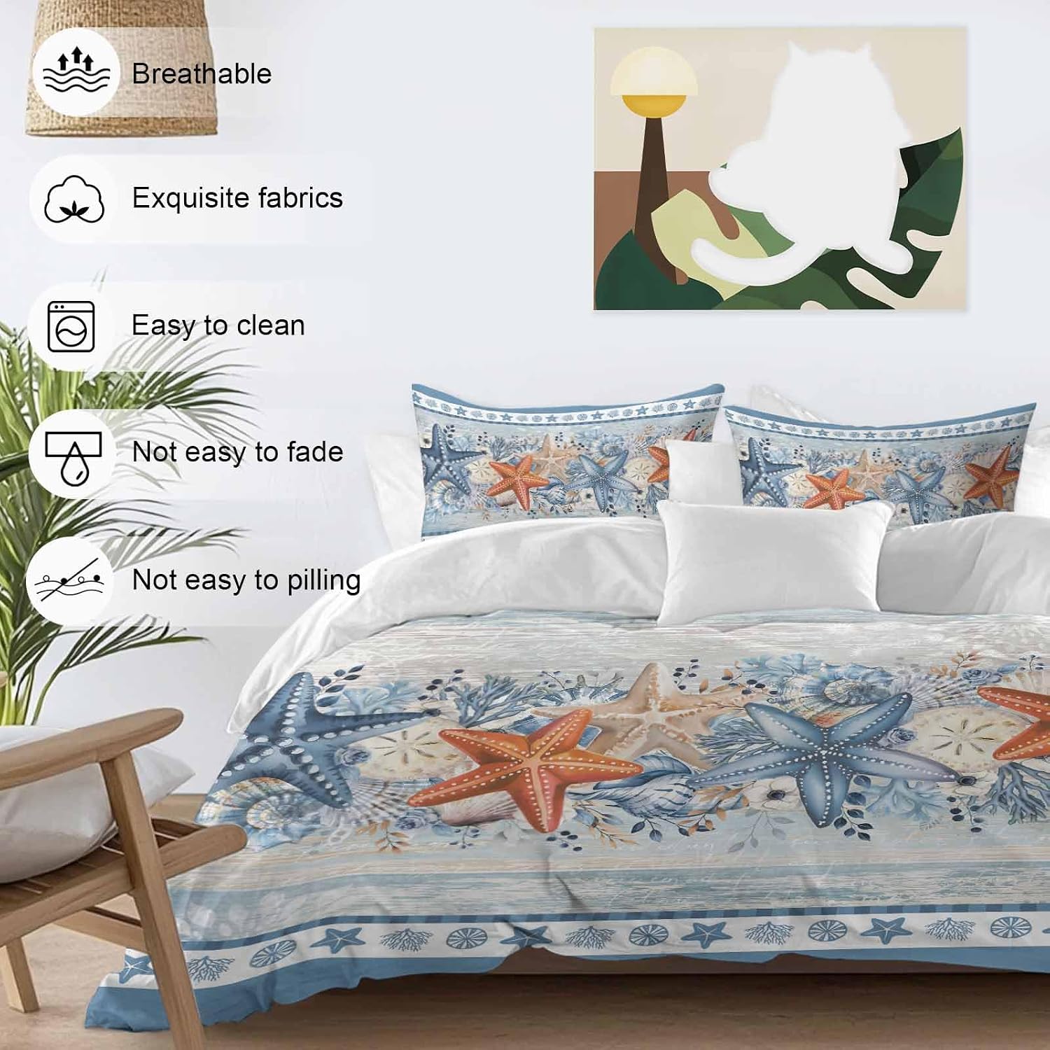 Blue Coastal Duvet Cover Set Queen Size 4 Pieces Orange Starfish Coral Beach Nautical Vintage Bedding Set with Zipper Closure, 1 Comforter Cover 86x86 Inches 1 Flat Sheet & 2 Pillow Cases