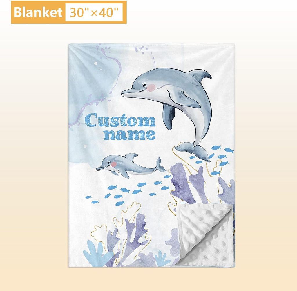 Terwex Personalized Baby Crib Bedding Set, 5 Pcs Custom Name Nursery Bedding Set, Blue Dolphin Baby Bedding Set for Girls Boys, Double Layer Baby Crib Sets, Customized Gifts for Toddlers Kids Infants