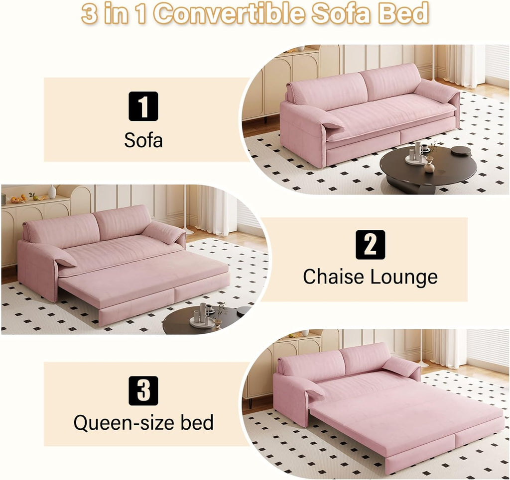 WILLIAMSPACE 66' Queen Pull Out Sofa Bed, 3-in-1 Velvet Convertible Sleeper Sofa Couch with Side Storage, Multi-Functional Loveseat Bed Pull Out Couch for Living Room, Apartment (Pink)