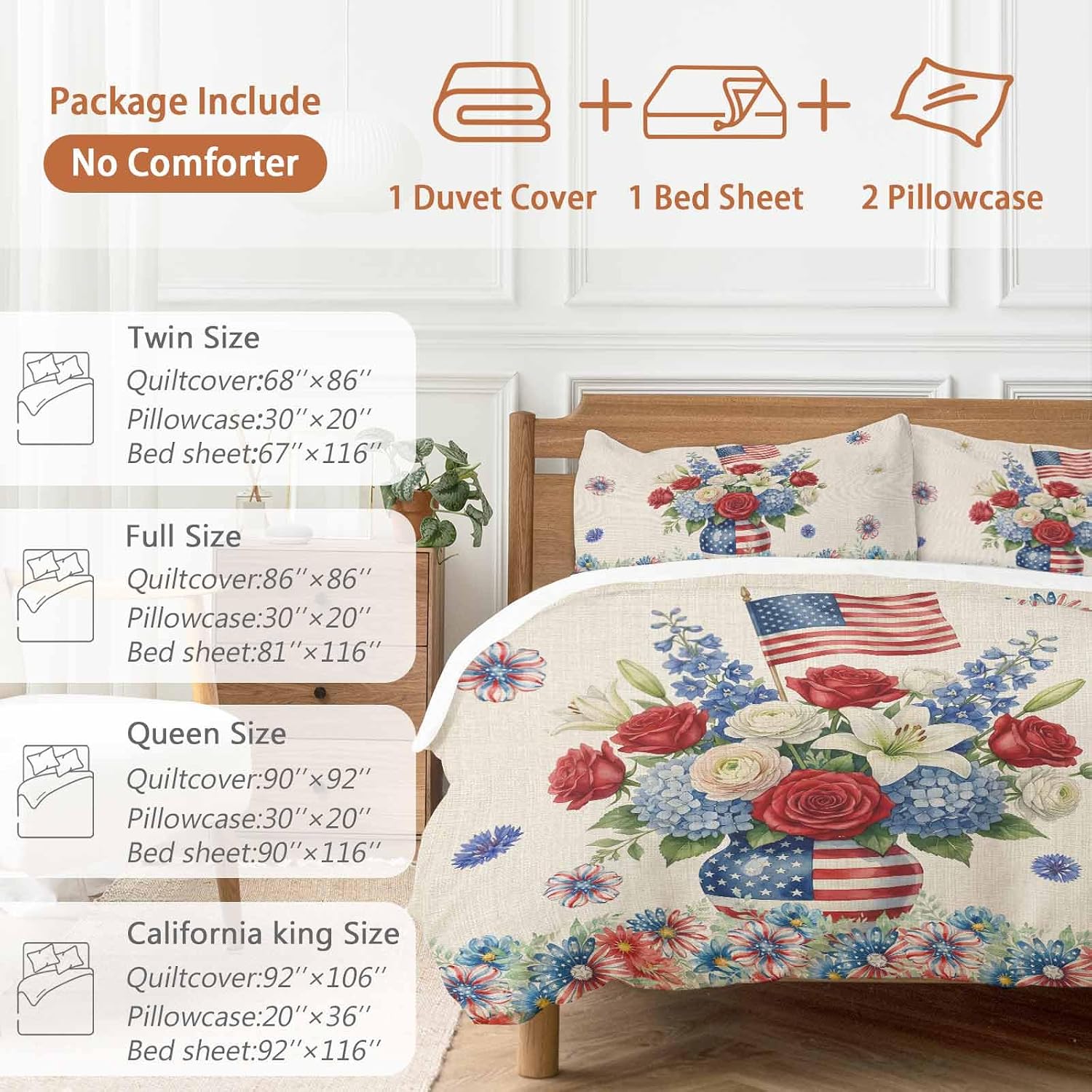 Independence Day Duvet Cover Set Queen Size 4 Pieces Red Blue USA Flag Penang Flower Stars Linen Texture Bedding Set with Zipper Closure, 1 Comforter Cover 90x92 Inches 1 Flat Sheet & 2 Pillow Cases