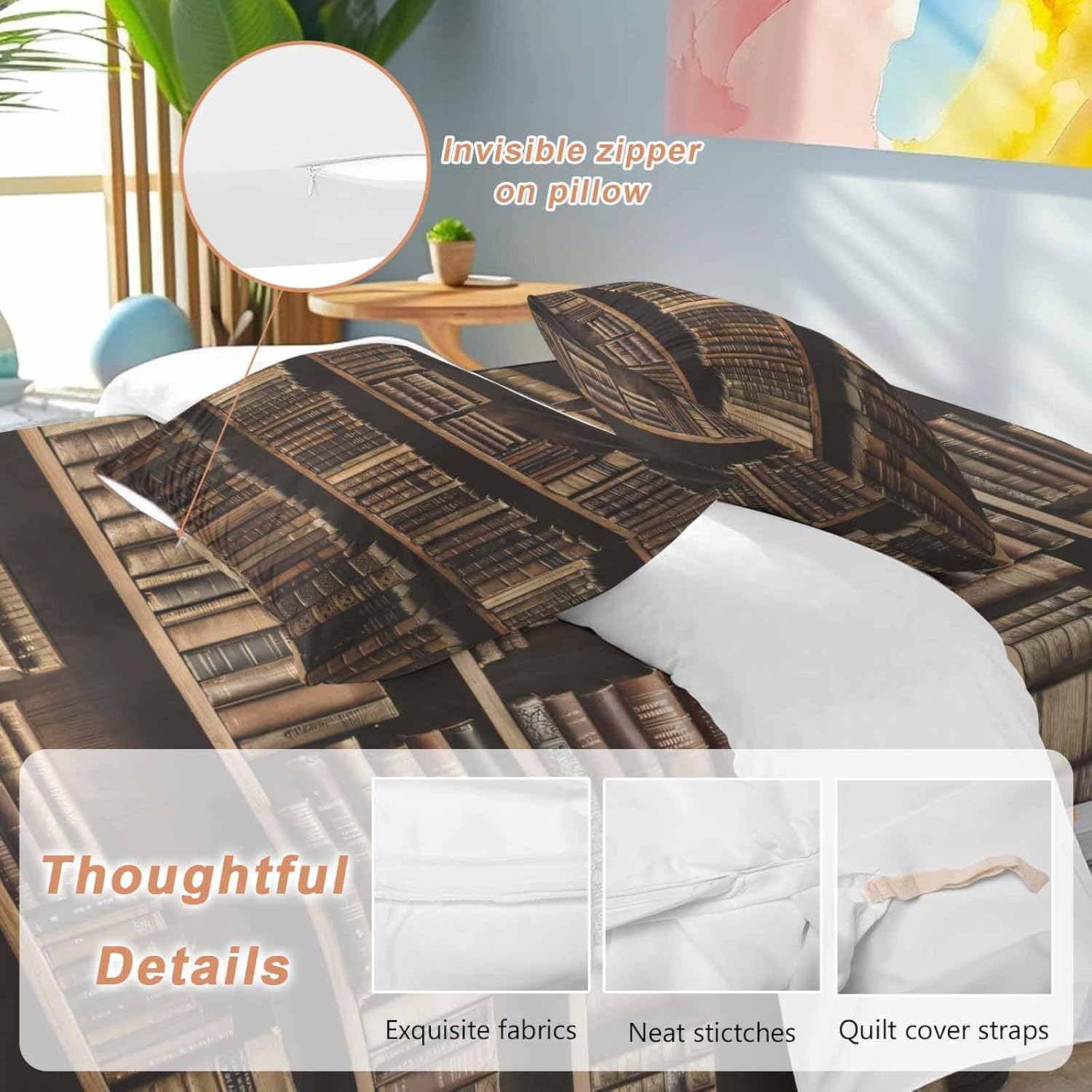 Prime Leader Vintage Bookshelf Duvet Cover Set Queen Size 4 Pieces Library Book Retro Bedding Set with Zipper Closure, 1 Comforter Cover 90x92 Inches 1 Flat Sheet & 2 Pillow Cases