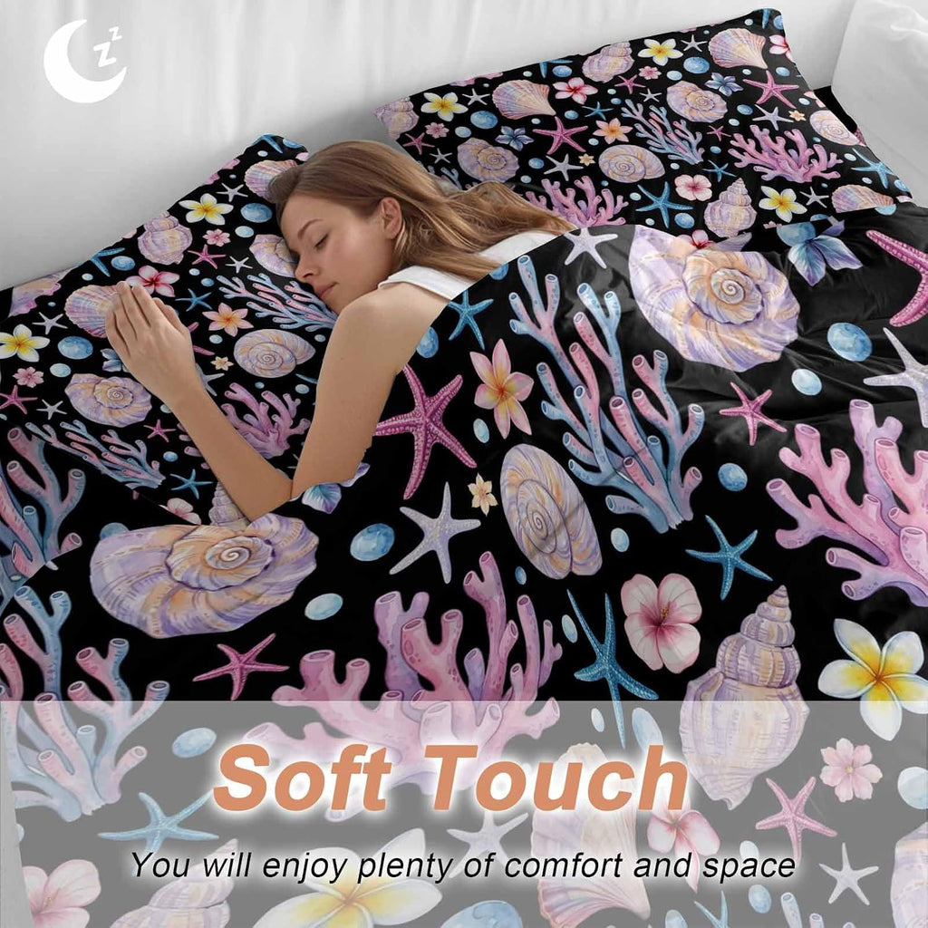 Summer Beach Duvet Cover Set Queen Size 4 Pieces Ocean Starfish Shell Coastal Conch Coral Flowers Black Bedding Set with Zipper Closure, 1 Comforter Cover 90x92 Inches 1 Flat Sheet & 2 Pillow Cases