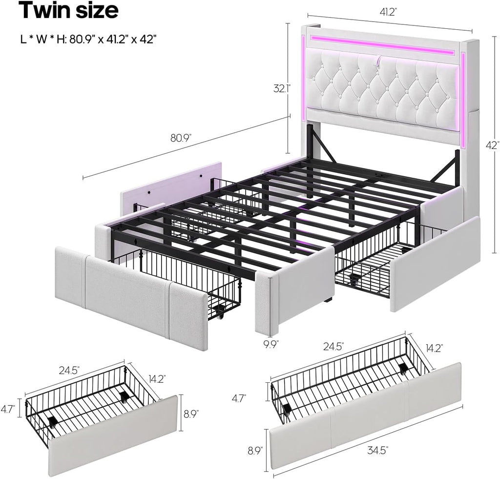 HAUOMS Twin Bed Frame with Storage Headboard & 3 XL Drawers, Power Outlet Type-C/A, Velvet Upholstered Princess Girls Bed Twin Size, No Box Spring Needed, Creamy White
