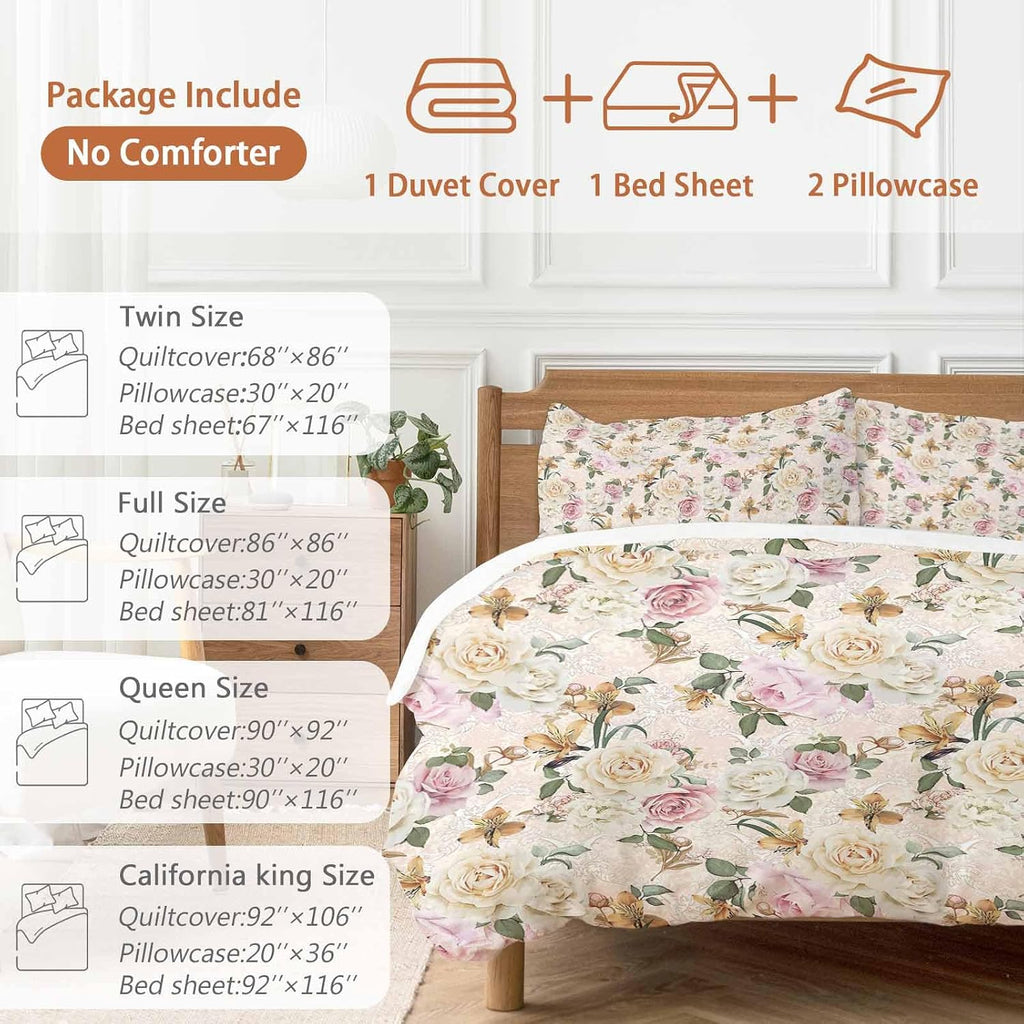 Prime Leader Floral Spring Duvet Cover Set Queen Size 4 Pieces Flower Retro Texture Bedding Set with Zipper Closure, 1 Comforter Cover 86x86 Inches 1 Flat Sheet & 2 Pillow Cases