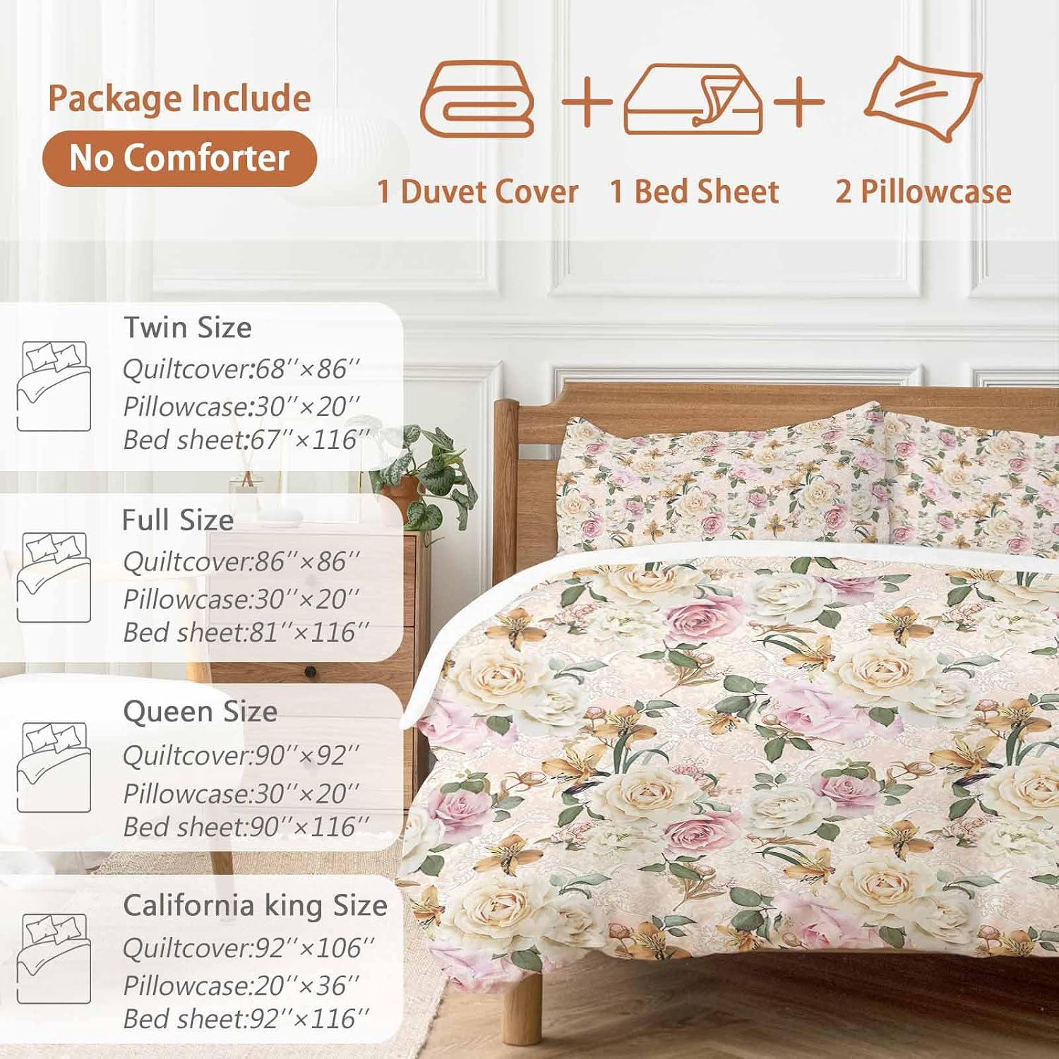 Prime Leader Floral Spring Duvet Cover Set Queen Size 4 Pieces Flower Retro Texture Bedding Set with Zipper Closure, 1 Comforter Cover 86x86 Inches 1 Flat Sheet & 2 Pillow Cases