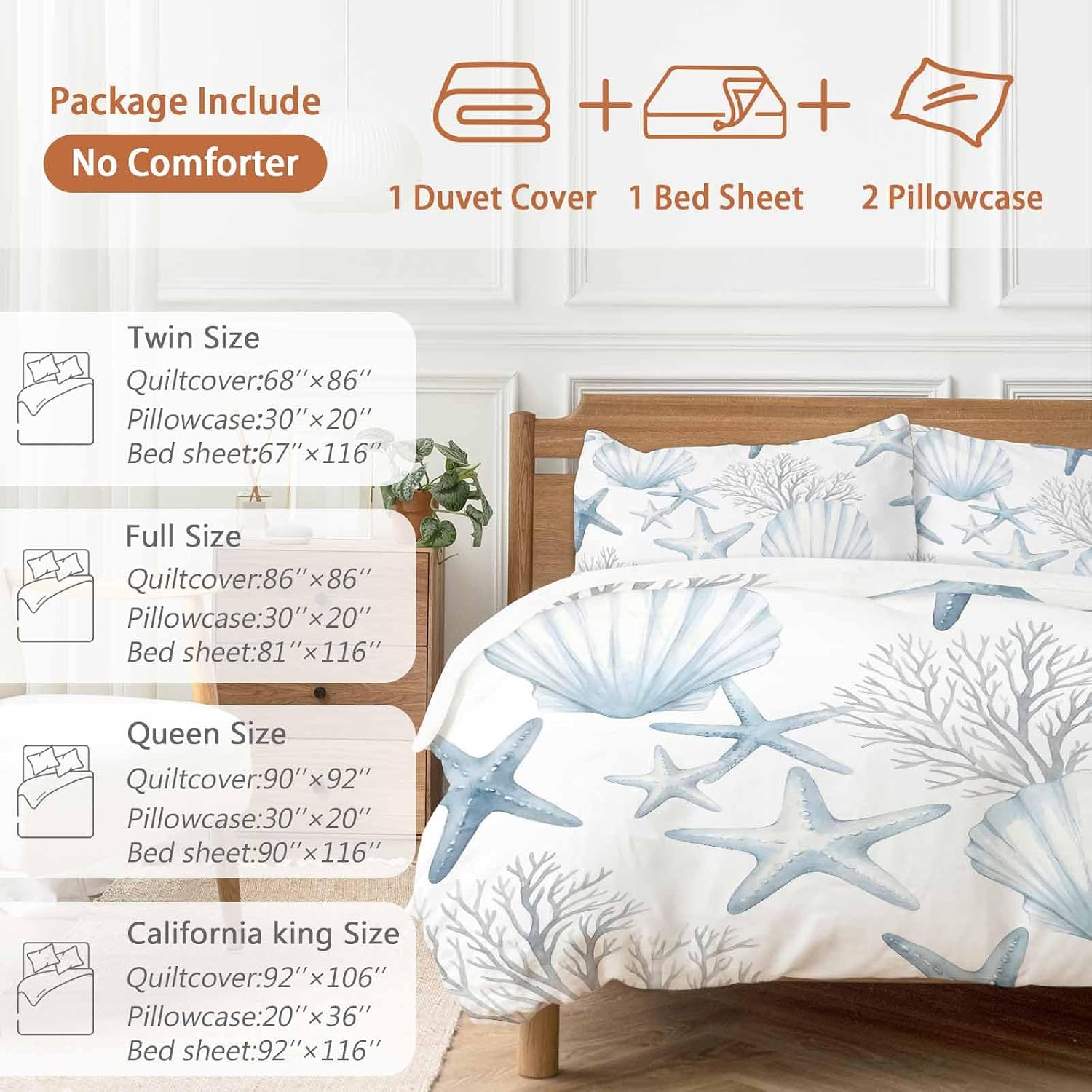 Summer Ocean Shell Duvet Cover Set Queen Size 4 Pieces Nautical Watercolor Blue Starfish Seashell Coral Bedding Set with Zipper Closure, 1 Comforter Cover 86x86 Inches 1 Flat Sheet & 2 Pillow Cases