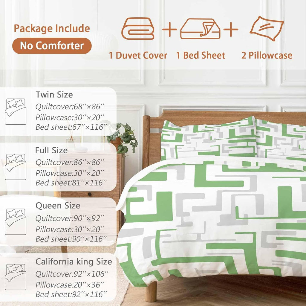 Prime Leader Green Gray Geometric Stripes Duvet Cover Set Queen Size 4 Pieces Modern Abstract Lines Maze Bedding Set with Zipper Closure, 1 Comforter Cover 92x106 Inches 1 Flat Sheet & 2 Pillow Cases