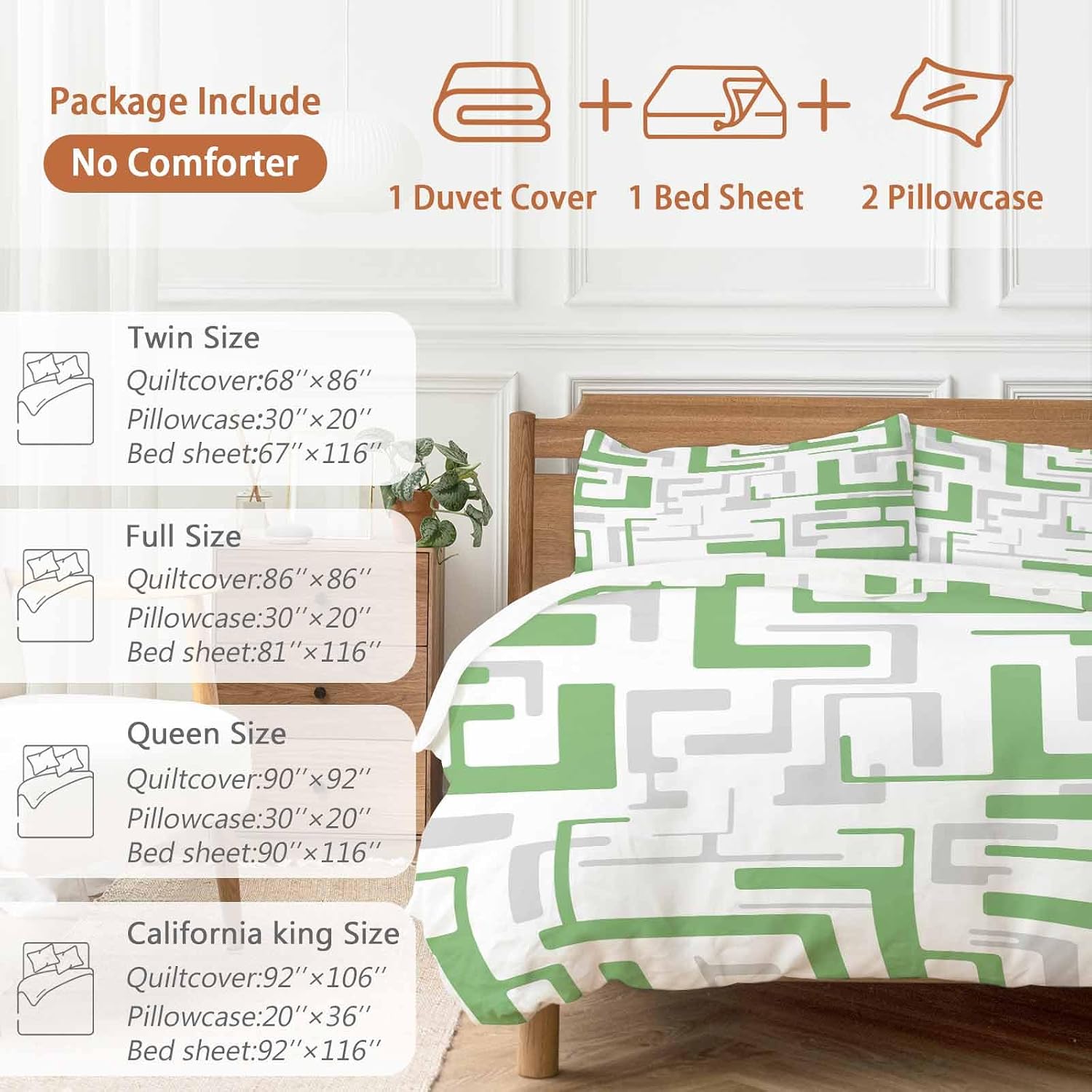 Prime Leader Green Gray Geometric Stripes Duvet Cover Set Queen Size 4 Pieces Modern Abstract Lines Maze Bedding Set with Zipper Closure, 1 Comforter Cover 92x106 Inches 1 Flat Sheet & 2 Pillow Cases