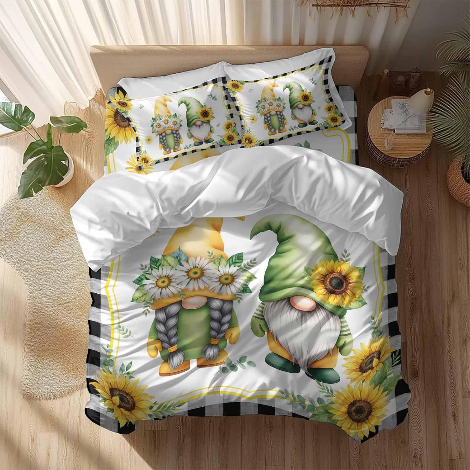 Prime Leader Summer Dwarfs Duvet Cover Set Queen Size 4 Pieces Yellow Sunflower Daisy Black Plaid Field Bedding Set with Zipper Closure, 1 Comforter Cover 90x92 Inches 1 Flat Sheet & 2 Pillow Cases