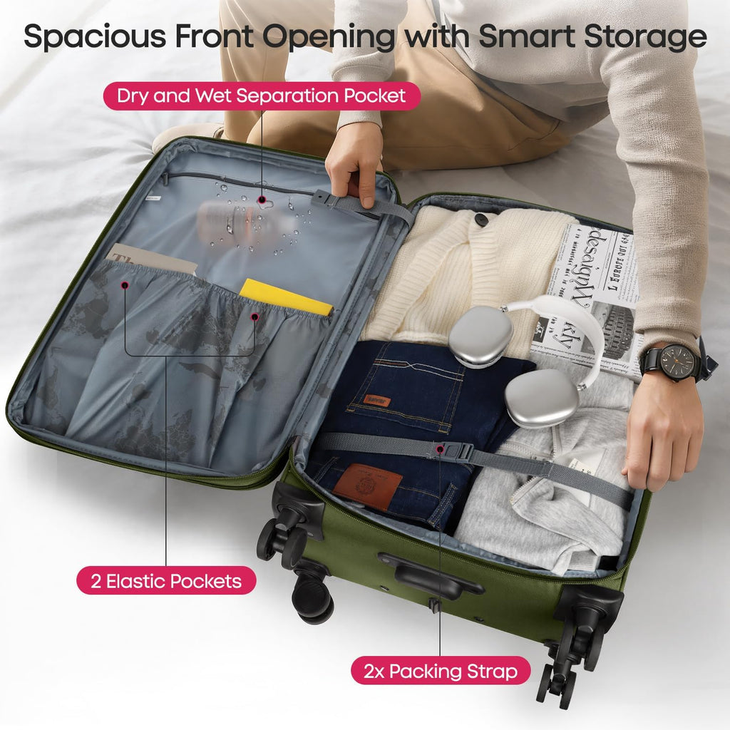 2PCS Set（22in/32in）Softside Luggage Sets w/ Spinner Wheels,Expandable 20% Luggage w/TSA LOCK,Upright Spinner Softshell,Lightweight Durable Rolling Travel Luggage Set for Men/Women（Green,22in/32in）