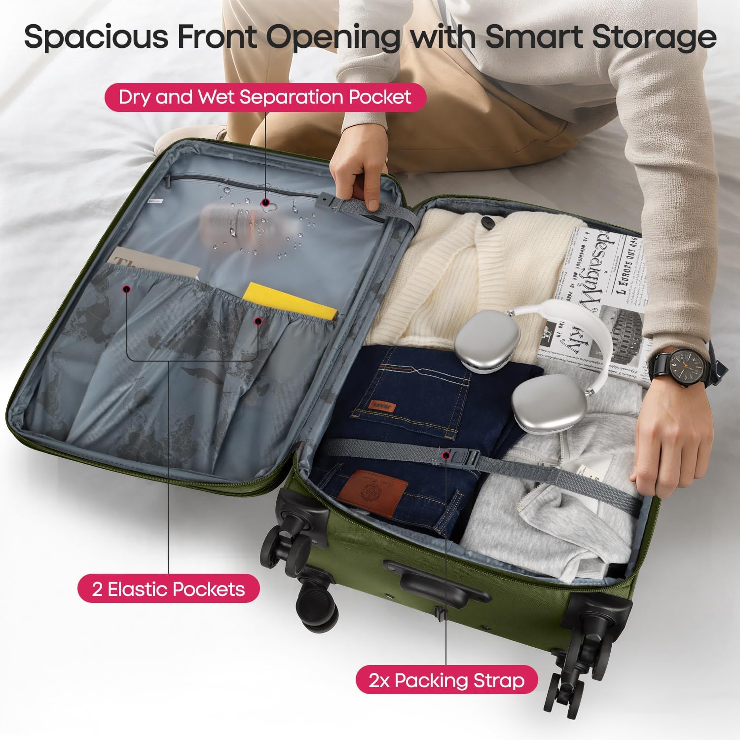 2PCS Set（22in/32in）Softside Luggage Sets w/ Spinner Wheels,Expandable 20% Luggage w/TSA LOCK,Upright Spinner Softshell,Lightweight Durable Rolling Travel Luggage Set for Men/Women（Green,22in/32in）