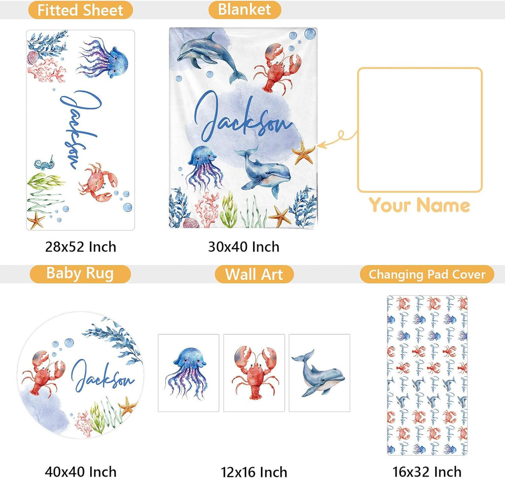 Terwex Personalized Crib Bedding Set, 5 Pcs Custom Name Nursery Bedding Sets, Marine Animals Infant Bedding Set for Baby Boy Girl, Double Layer Baby Crib Set, Babies Toddlers Kids Customized Gifts