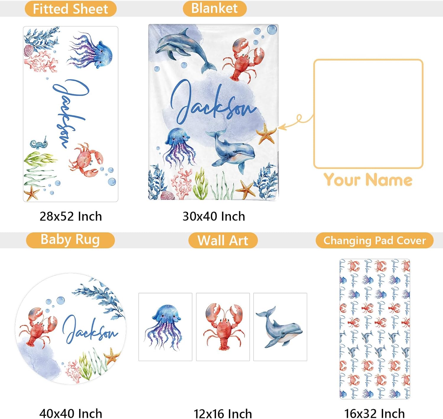 Terwex Personalized Crib Bedding Set, 5 Pcs Custom Name Nursery Bedding Sets, Marine Animals Infant Bedding Set for Baby Boy Girl, Double Layer Baby Crib Set, Babies Toddlers Kids Customized Gifts