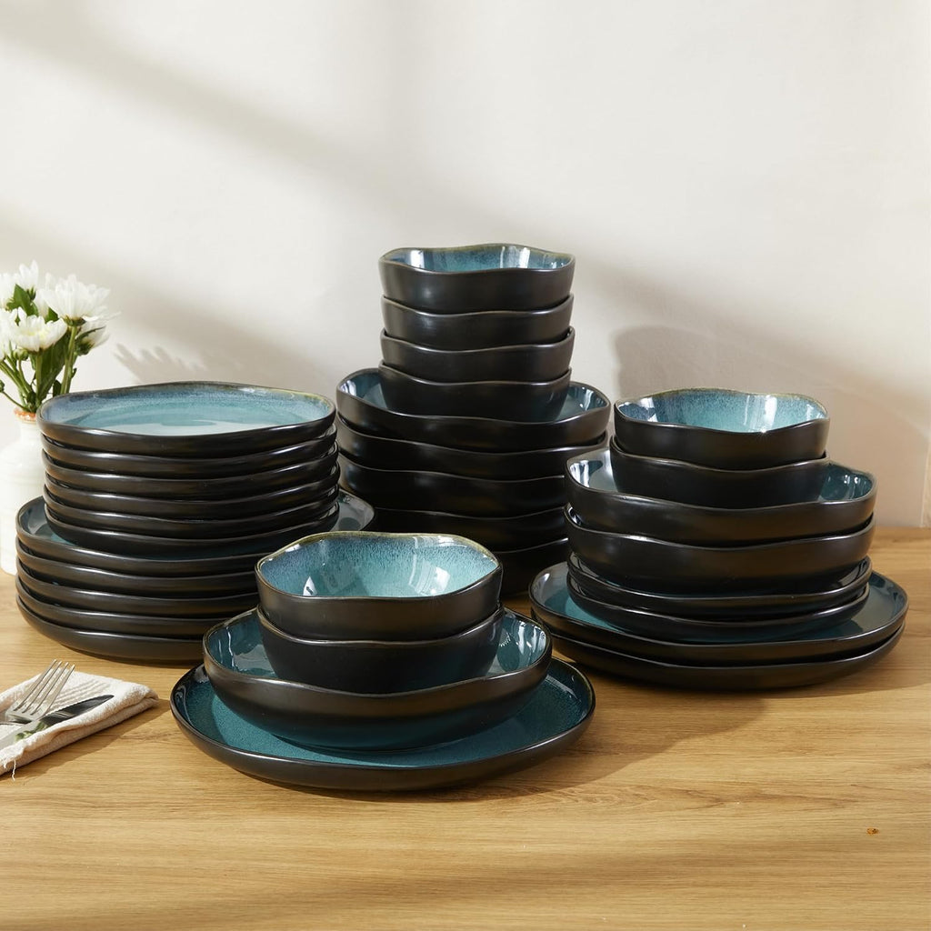 Pokini 32 Piece Dinnerware Set for 8 with Pasta Bowls, Green Black Reactive Glaze Stoneware | All‑in‑One Host Set for Entertaining, Holiday Meals, Multi‑Course Dinners | Unique Irregular Coastal Look