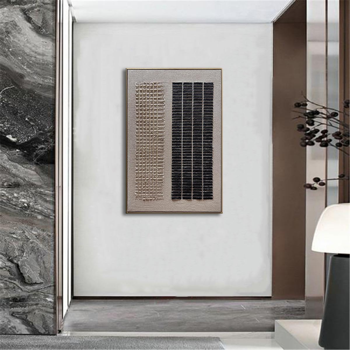 zoinart Beige and Black Textured Wall Art with Dense Array Blocks, 24x36 inch Contemporary Minimalist Art Oil Painting Home Wall Decoration