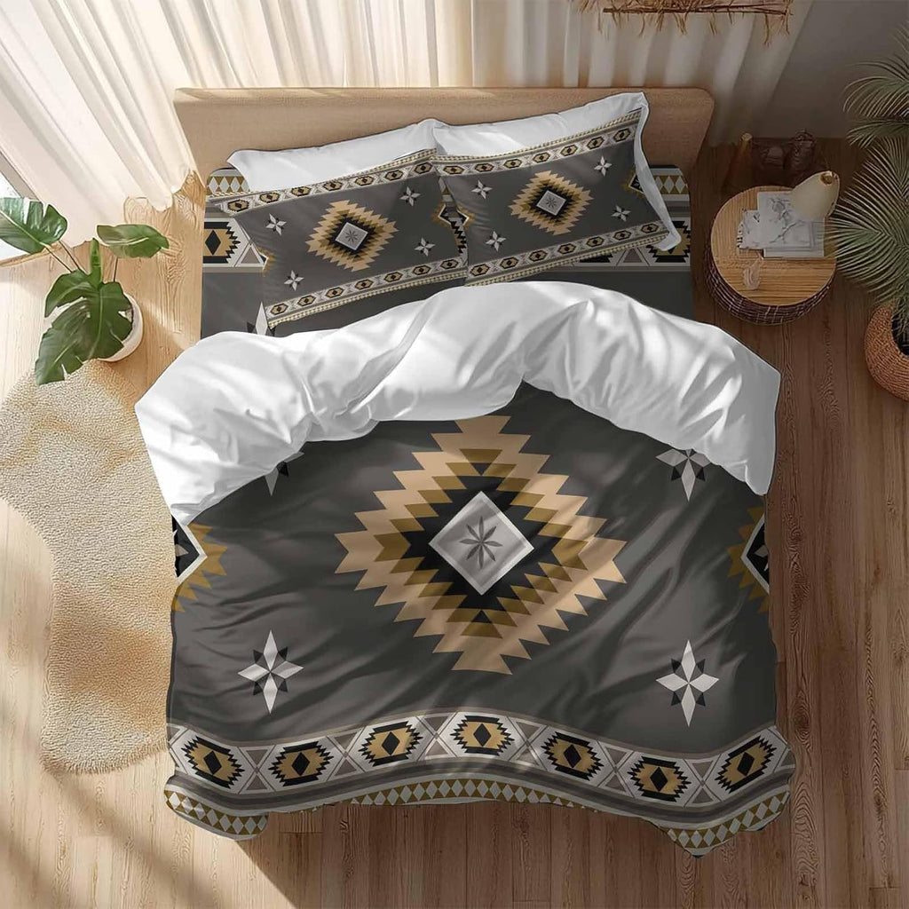 Prime Leader Grey Tribal Geometric Duvet Cover Set Queen Size 4 Pieces Vintage Boho Native Abstract Bedding Set with Zipper Closure, 1 Comforter Cover 90x92 Inches 1 Flat Sheet & 2 Pillow Cases