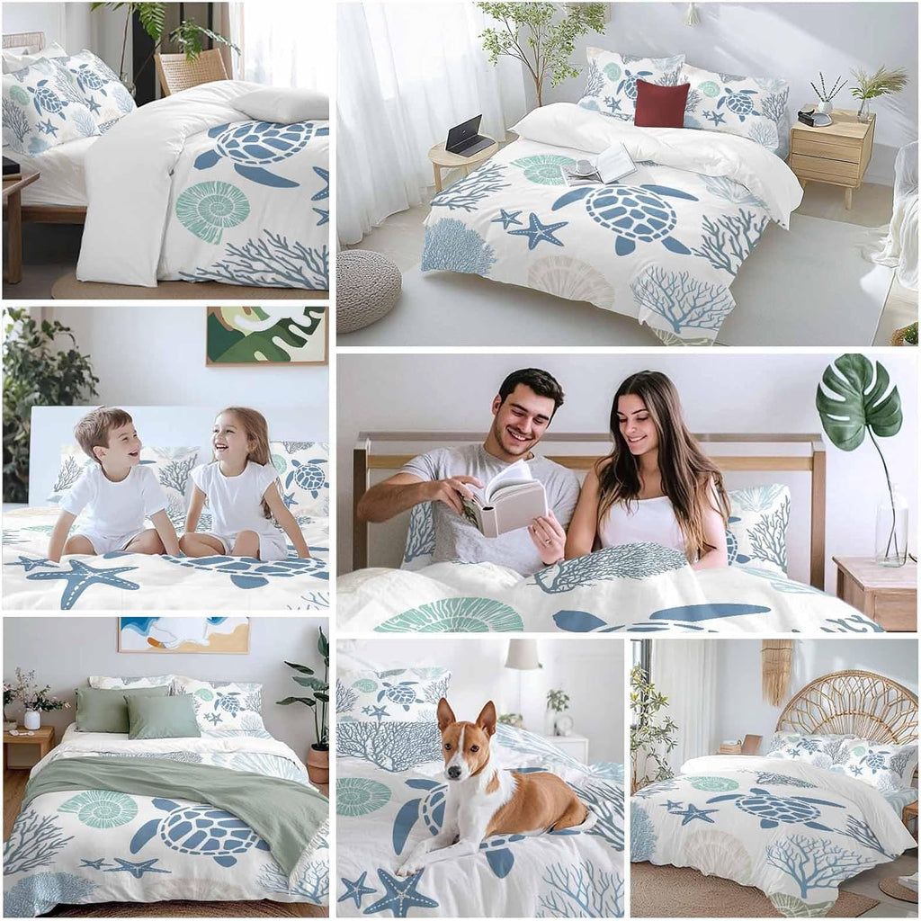 Summer Marine Life Duvet Cover Set Queen Size 4 Pieces Graffiti Sea Turtle Starfish Teal Conch Coral Bedding Set with Zipper Closure, 1 Comforter Cover 92x106 Inches 1 Flat Sheet & 2 Pillow Cases