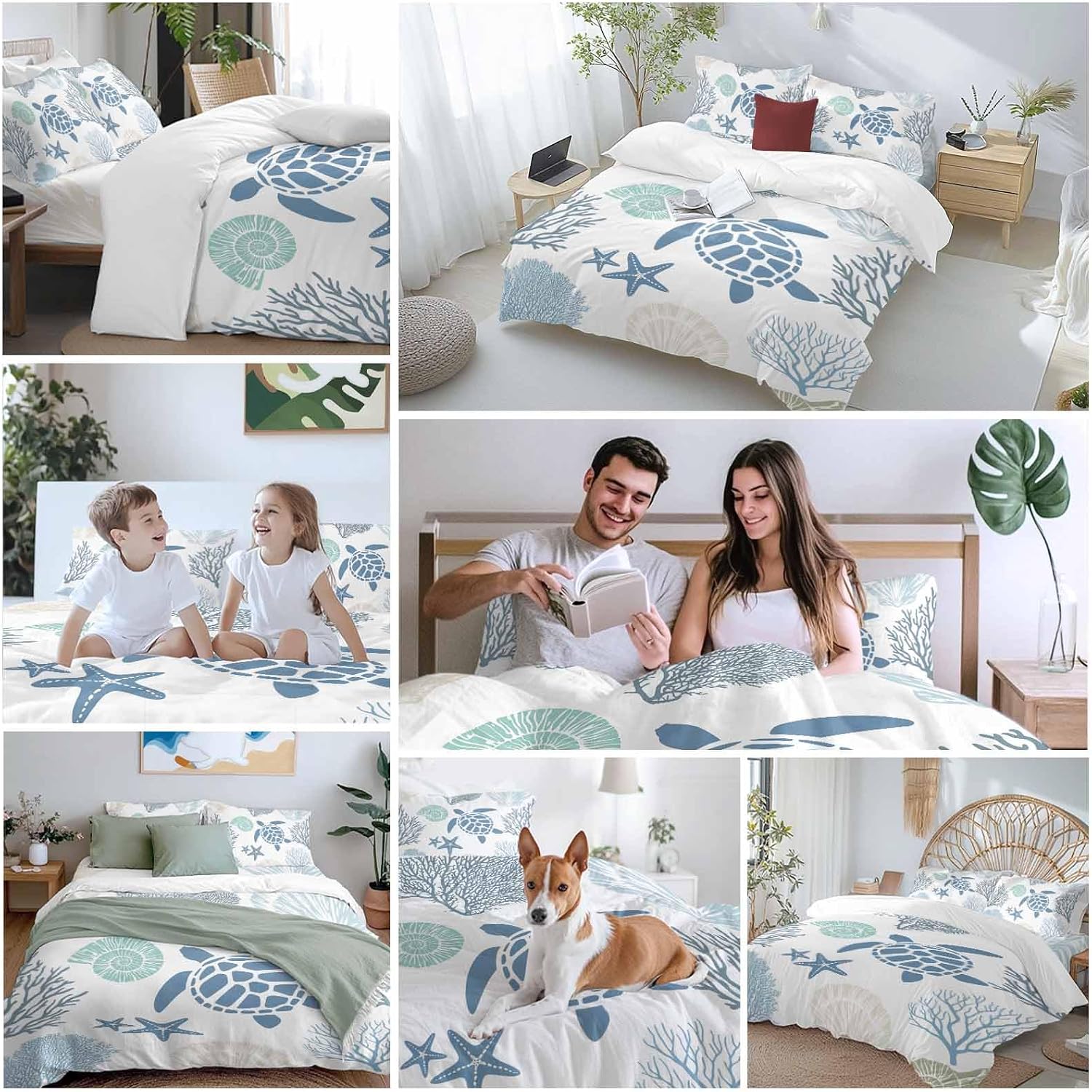 Summer Marine Life Duvet Cover Set Queen Size 4 Pieces Graffiti Sea Turtle Starfish Teal Conch Coral Bedding Set with Zipper Closure, 1 Comforter Cover 90x92 Inches 1 Flat Sheet & 2 Pillow Cases