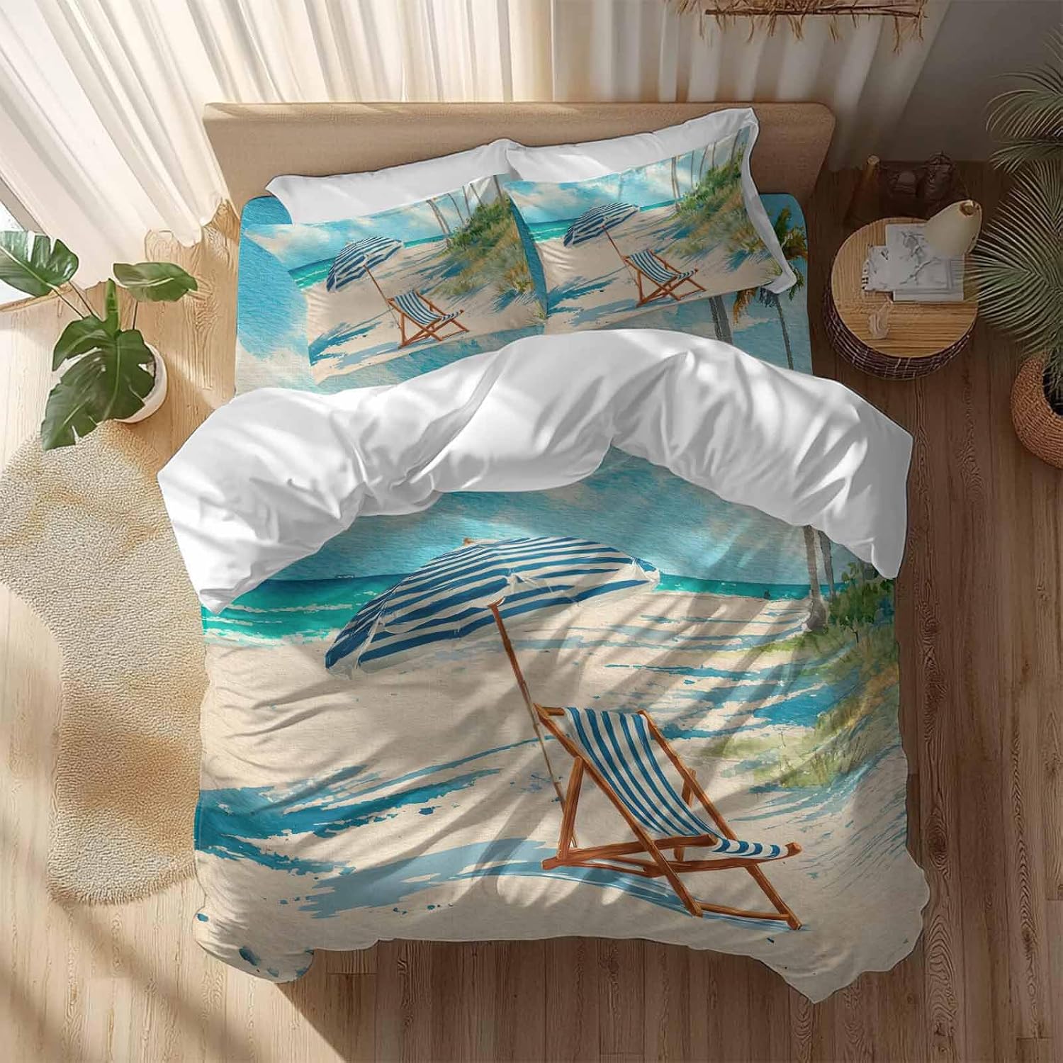 Summer Beach Duvet Cover Set Queen Size 4 Pieces Vintage Sunshade Lounge Chair Coastal Blue Striped Bedding Set with Zipper Closure, 1 Comforter Cover 86x86 Inches 1 Flat Sheet & 2 Pillow Cases