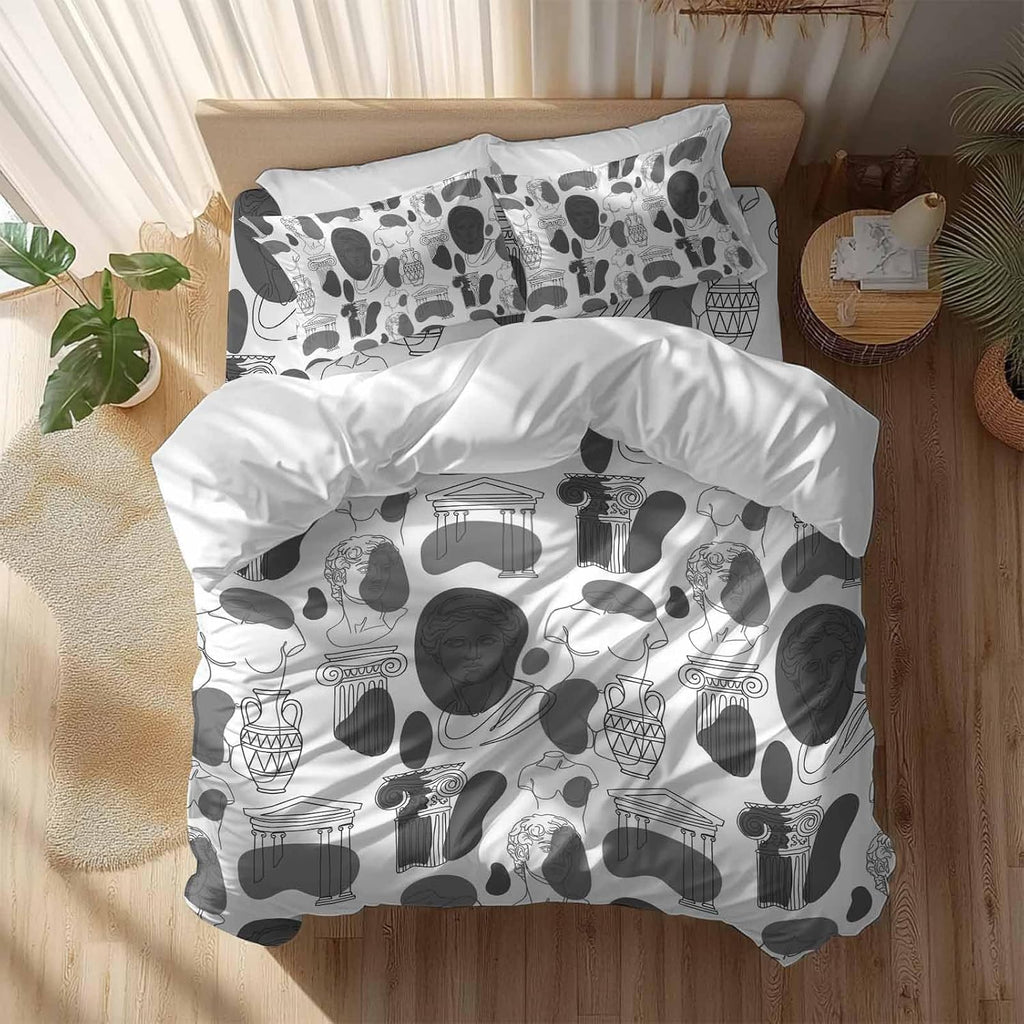 Modern Abstract Duvet Cover Set Queen Size 4 Pieces Grey Classical Ancient Greek Sculptural Heads Bedding Set with Zipper Closure, 1 Comforter Cover 90x92 Inches 1 Flat Sheet & 2 Pillow Cases