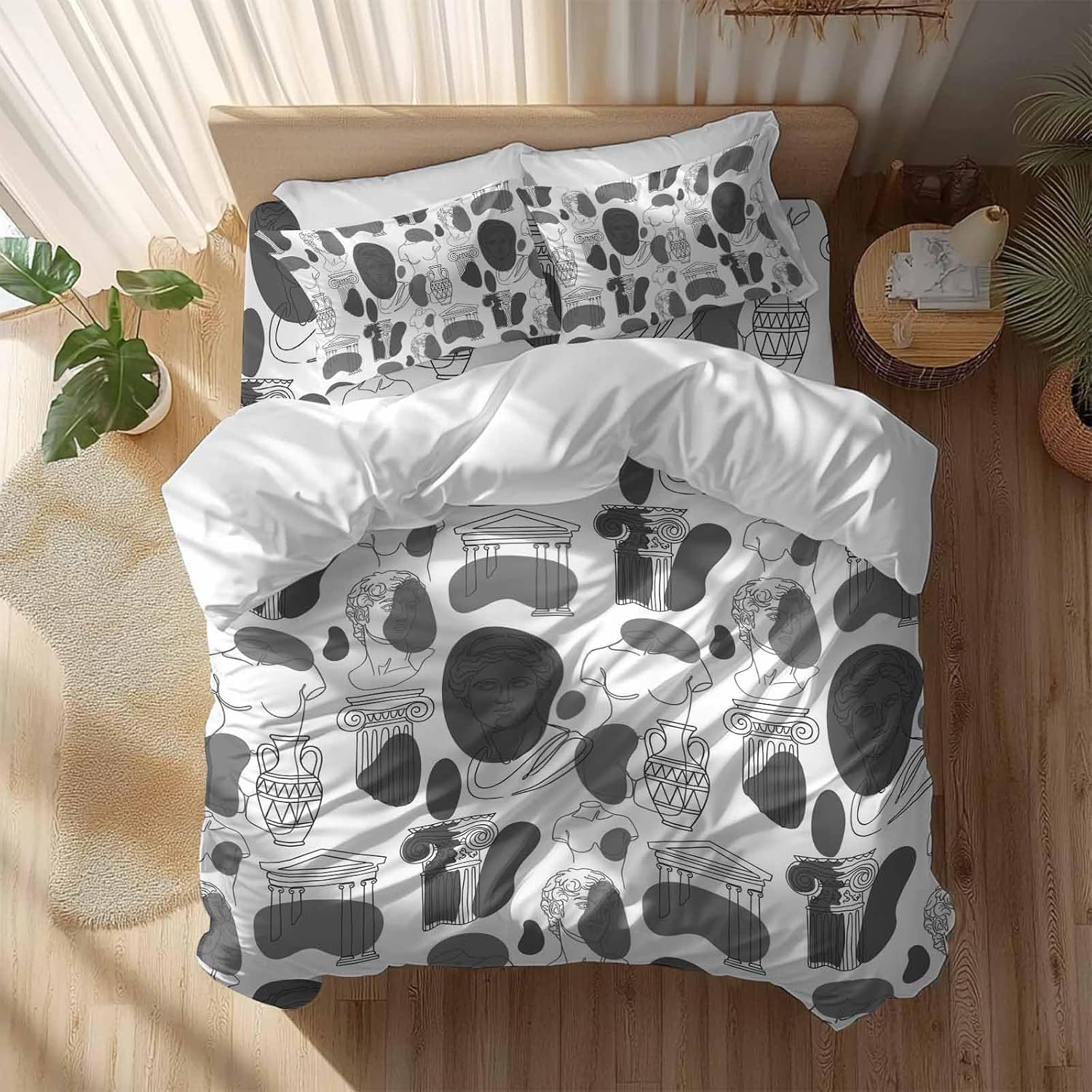 Modern Abstract Duvet Cover Set Queen Size 4 Pieces Grey Classical Ancient Greek Sculptural Heads Bedding Set with Zipper Closure, 1 Comforter Cover 90x92 Inches 1 Flat Sheet & 2 Pillow Cases