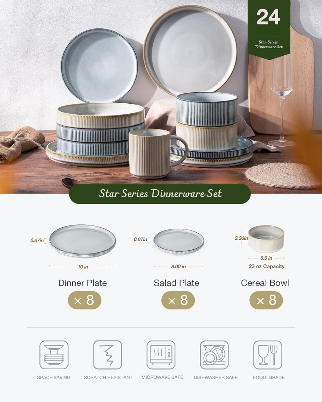 Famiware Star 24-Piece Plates and Bowls Set with Trim, Service for 8 - Stoneware Reactive Glaze Dinnerware, High Edge Ribbed Dishes, Chip & Scratch Resistant, Microwave & Dishwasher Safe, White & Blue