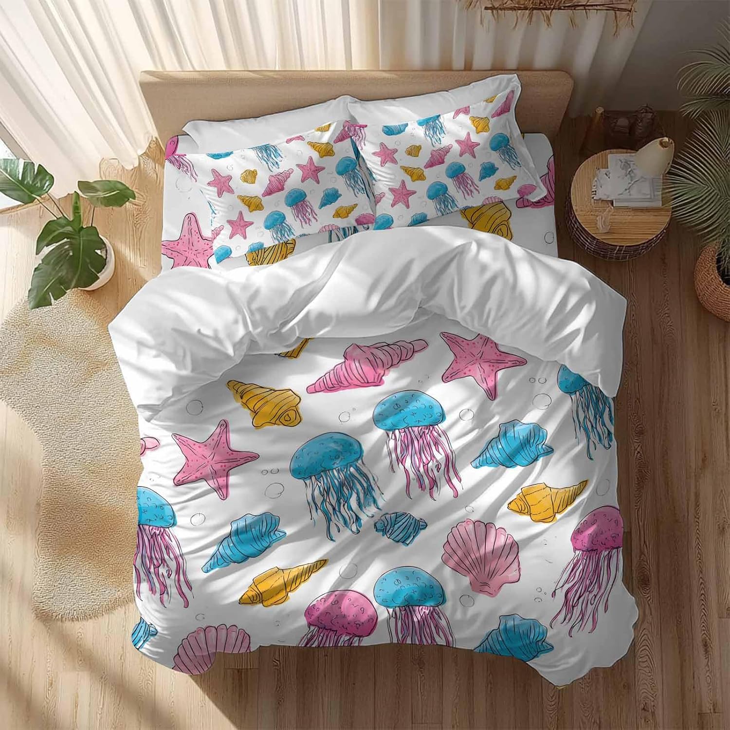 Marine Life Duvet Cover Set Queen Size 4 Pieces Nautical Ocean Pink Blue Yellow Jellyfish Starfish Shell Bedding Set with Zipper Closure, 1 Comforter Cover 92x106 Inches 1 Flat Sheet & 2 Pillow Cases
