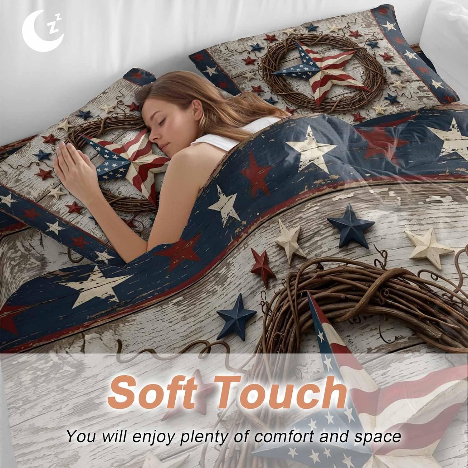 Independence Day Duvet Cover Set Queen Size 4 Pieces Usa Flag Stars Vine Wreath Rustic Wood Grain Bedding Set with Zipper Closure, 1 Comforter Cover 90x92 Inches 1 Flat Sheet & 2 Pillow Cases