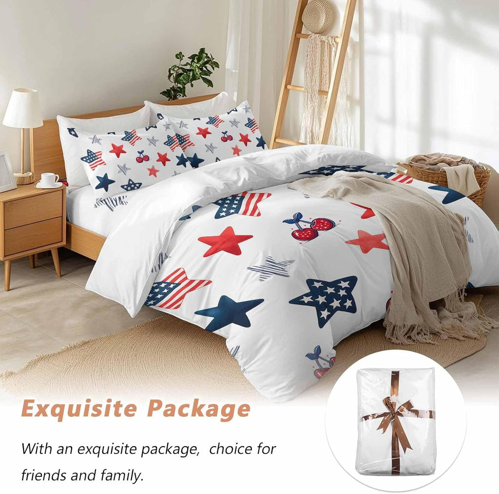 Independence Day Duvet Cover Set Queen Size 4 Pieces Graffiti Five-Pointed Star Cartoon Polka Dot Cherry Bedding Set with Zipper Closure, 1 Comforter Cover 90x92 Inches 1 Flat Sheet & 2 Pillow Cases