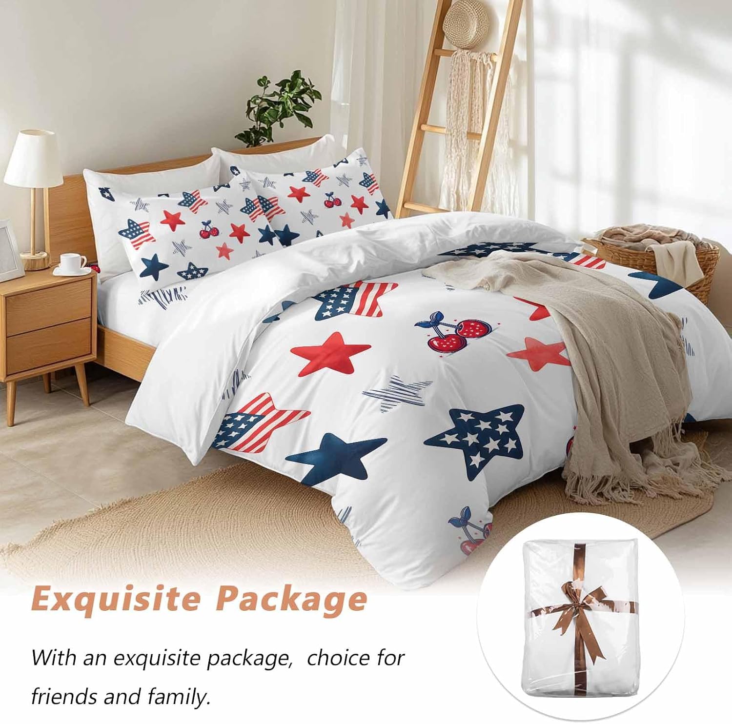 Independence Day Duvet Cover Set Queen Size 4 Pieces Graffiti Five-Pointed Star Cartoon Polka Dot Cherry Bedding Set with Zipper Closure, 1 Comforter Cover 86x86 Inches 1 Flat Sheet & 2 Pillow Cases