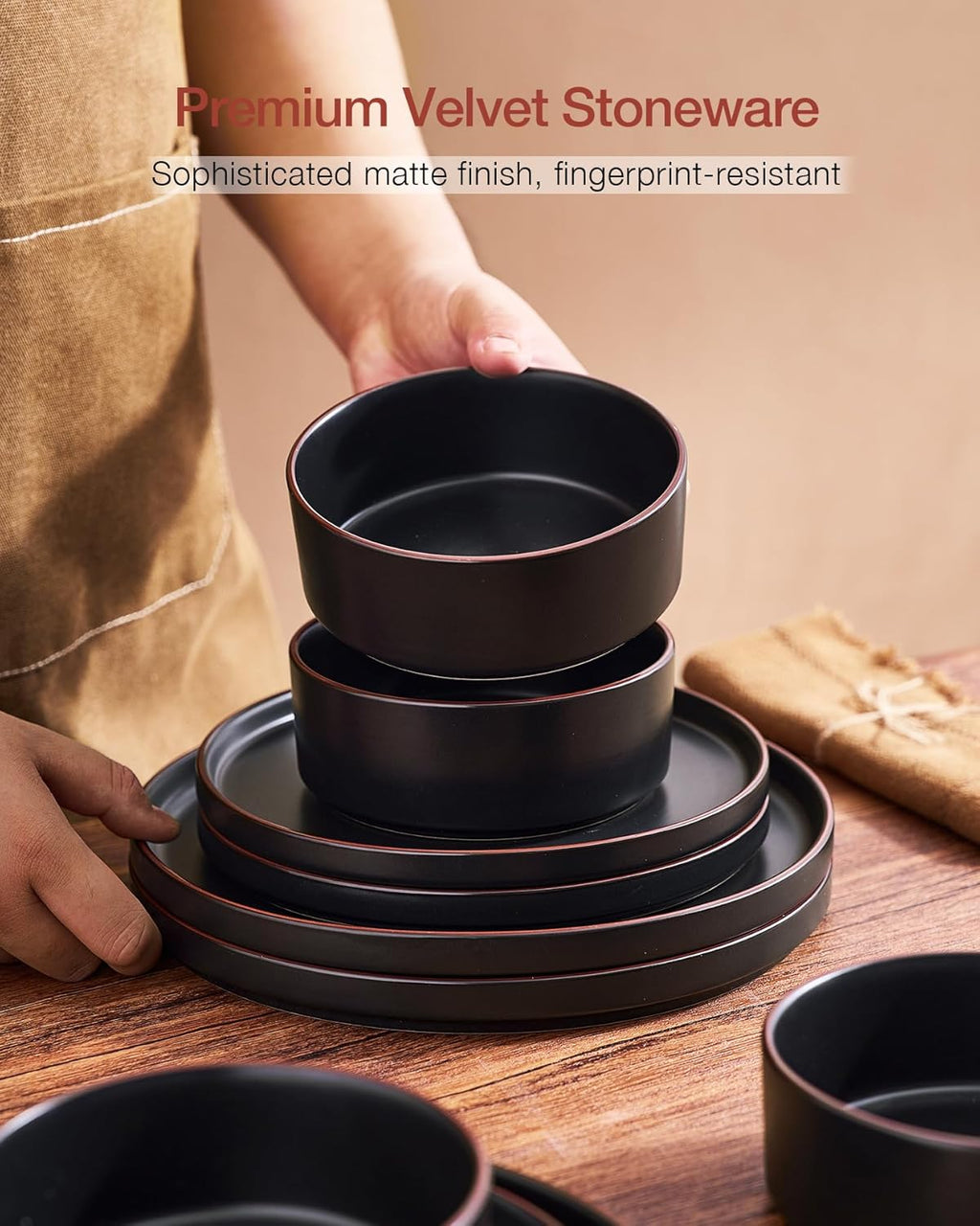Famiware Nebula Ridge Stoneware Dinnerware Sets for 8, 24 Pieces Plates and Bowls Sets, Dishes Set, Microwave and Dishwasher Safe Kitchen Plates, Matte Black