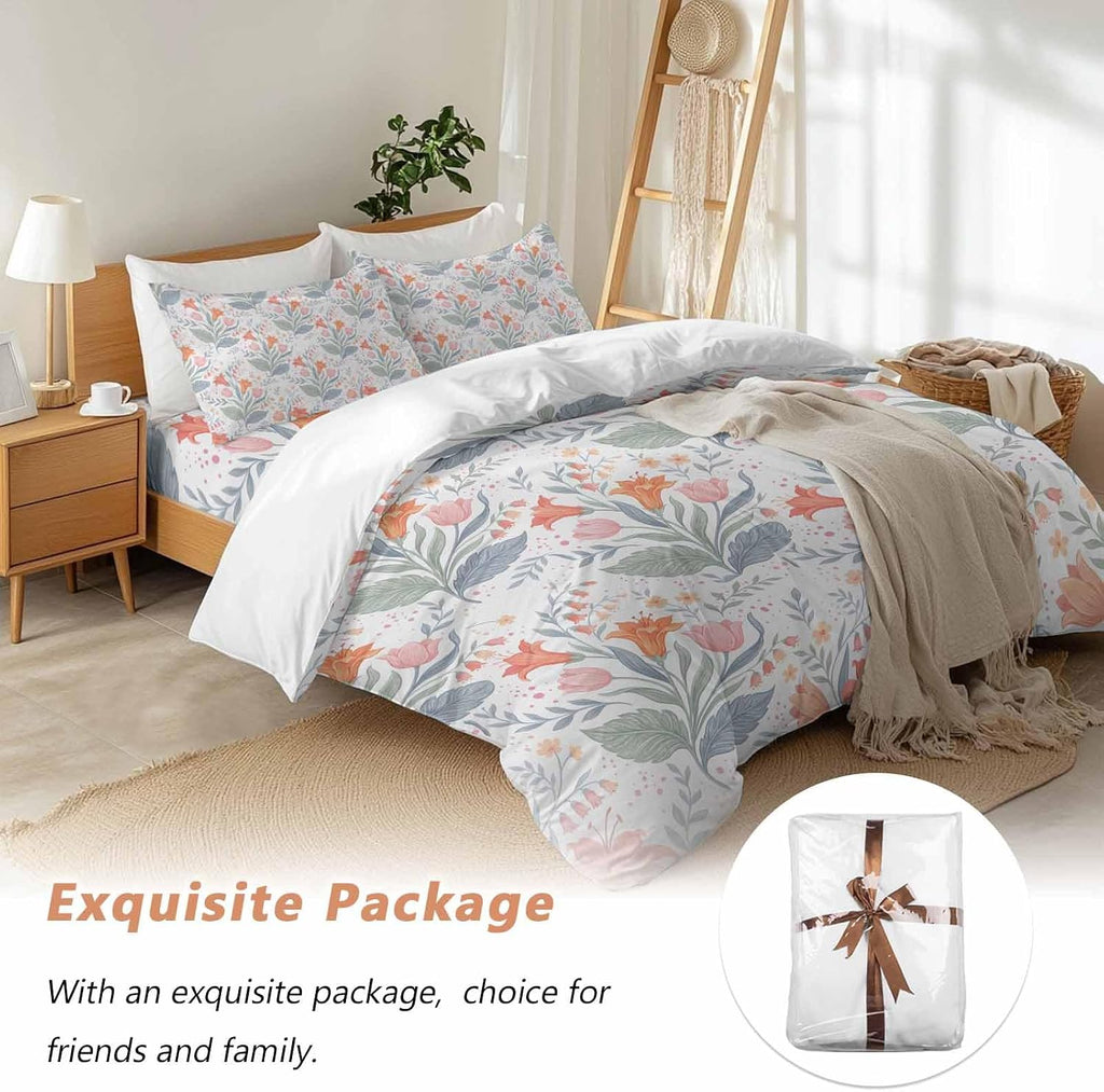 Pink Orange Flower Duvet Cover Set Queen Size 4 Pieces Watercolor Floral Green Leaf Rustic Country Bedding Set with Zipper Closure, 1 Comforter Cover 86x86 Inches 1 Flat Sheet & 2 Pillow Cases