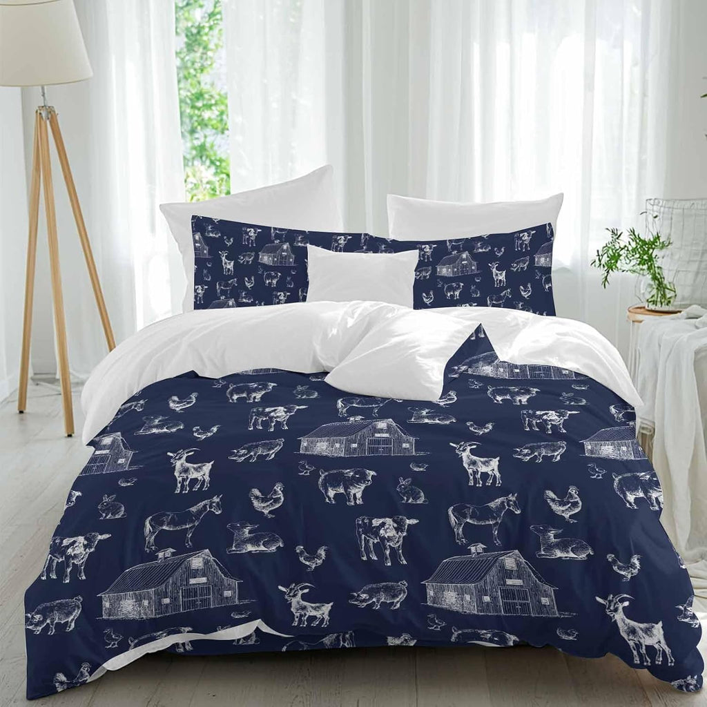 Farm Animals Duvet Cover Set Queen Size 4 Pieces Navy Blue Farmhouse Chicken Cow Sheep Pig House Country Bedding Set with Zipper Closure, 1 Comforter Cover 90x92 Inches 1 Flat Sheet & 2 Pillow Cases
