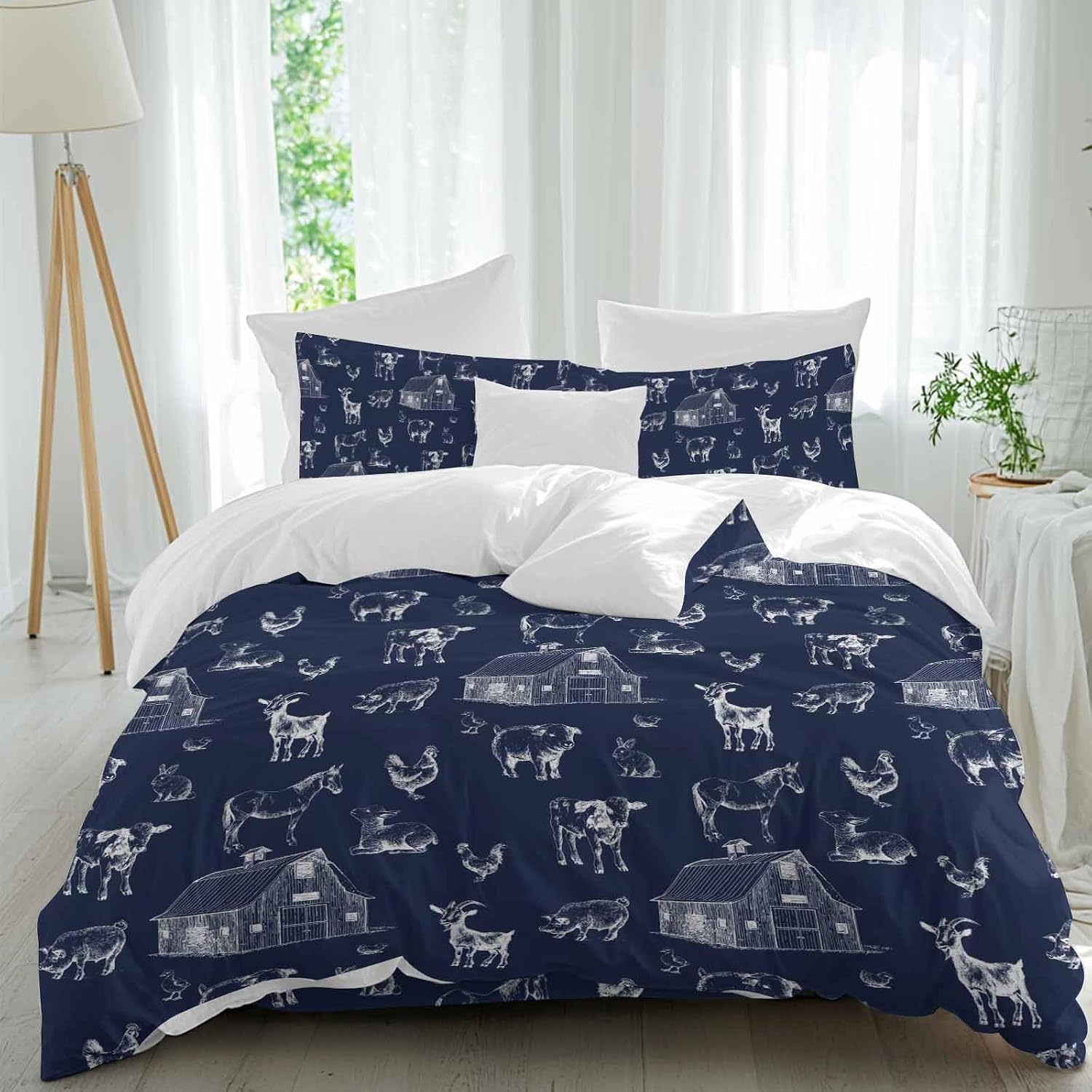 Farm Animals Duvet Cover Set Queen Size 4 Pieces Navy Blue Farmhouse Chicken Cow Sheep Pig House Country Bedding Set with Zipper Closure, 1 Comforter Cover 90x92 Inches 1 Flat Sheet & 2 Pillow Cases