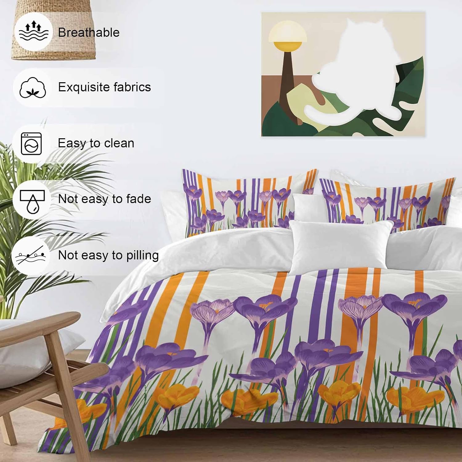 Spring Floral Duvet Cover Set Queen Size 4 Pieces Purple Yellow Gradient Flowers Colorful Stripe Bedding Set with Zipper Closure, 1 Comforter Cover 92x106 Inches 1 Flat Sheet & 2 Pillow Cases