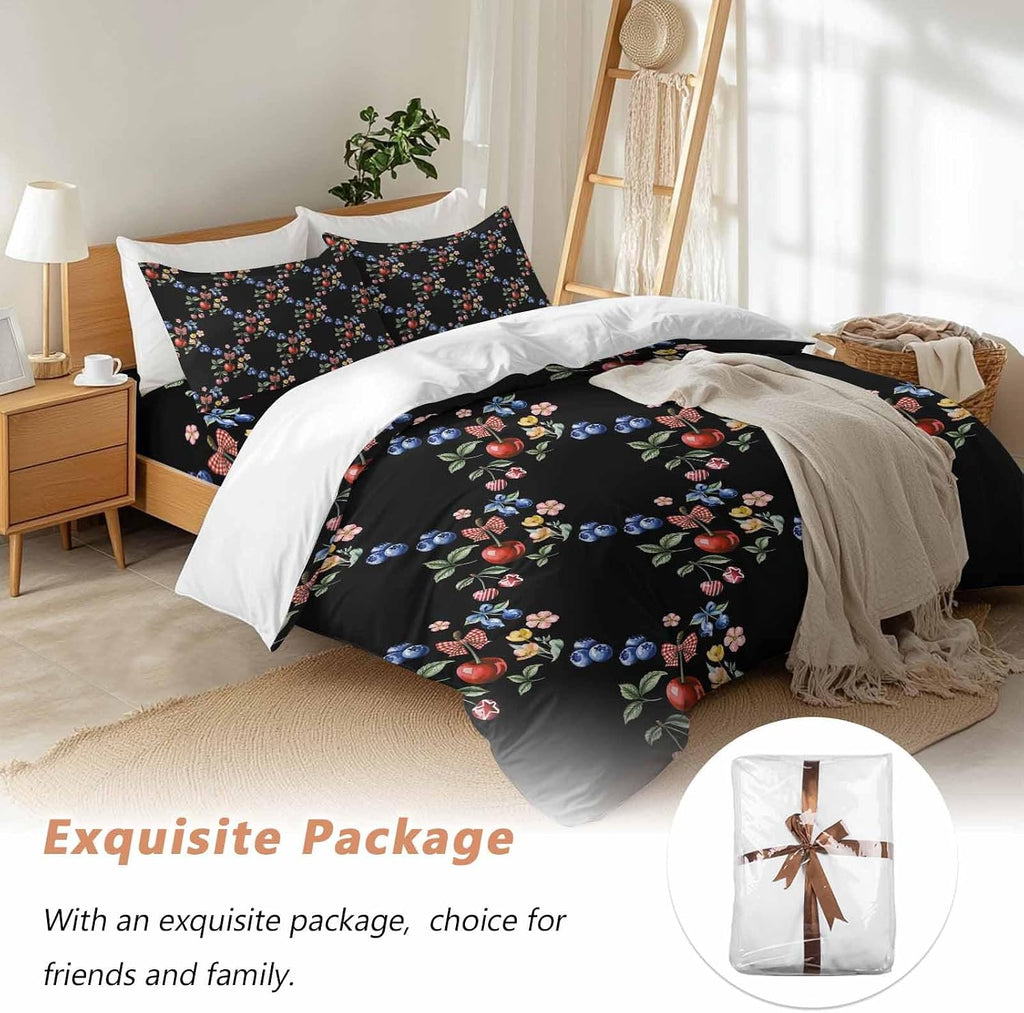 Red Cherry Blueberry Duvet Cover Set Queen Size 4 Pieces Country Farmhouse Flower Green Leaf Black Bedding Set with Zipper Closure, 1 Comforter Cover 90x92 Inches 1 Flat Sheet & 2 Pillow Cases