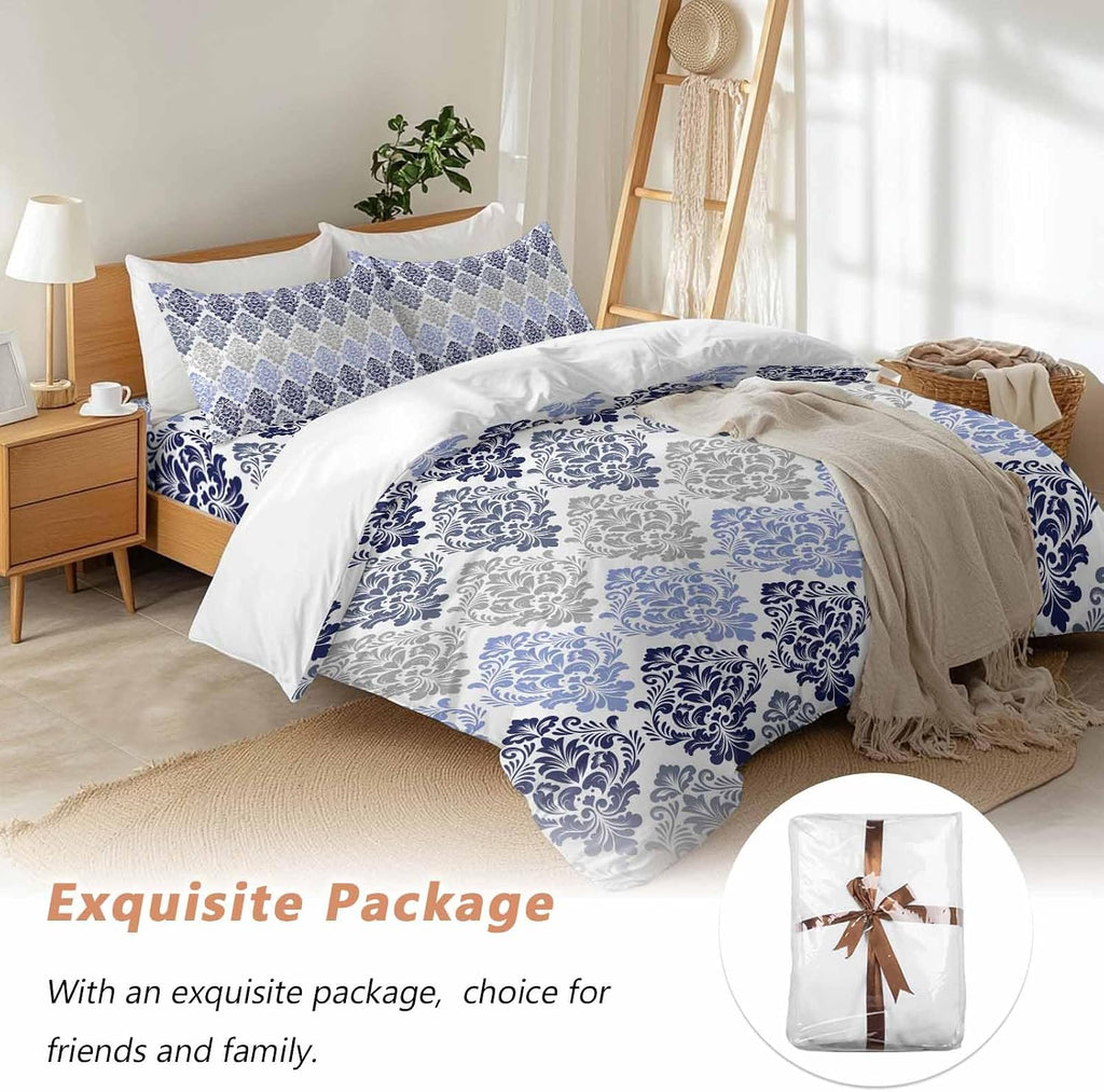 Prime Leader Vintage Floral Duvet Cover Set Queen Size 4 Pieces Blue Gray Flower Pattern Country Gradient Bedding Set with Zipper Closure, 1 Comforter Cover 90x92 Inches 1 Flat Sheet & 2 Pillow Cases