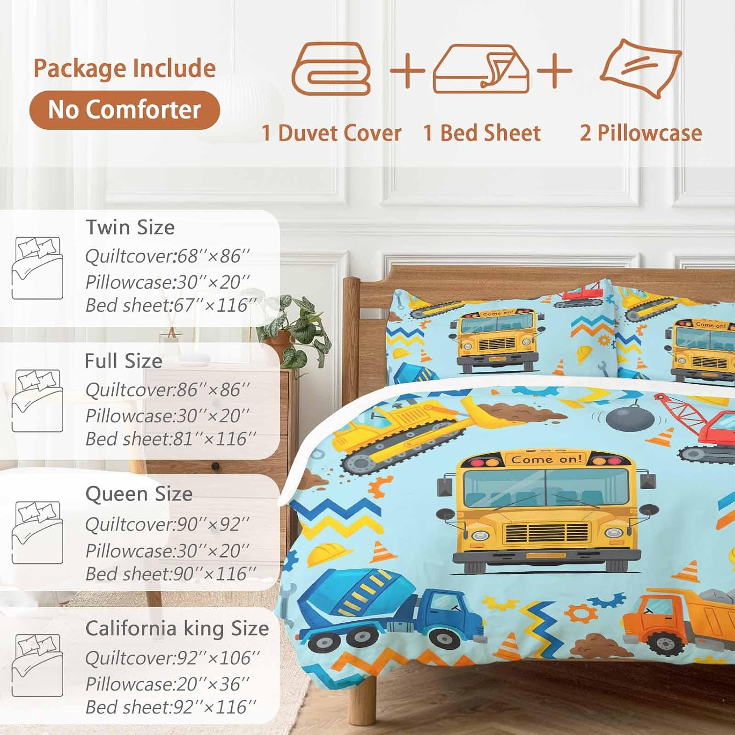 Prime Leader Cartoon Come on Duvet Cover Set Queen Size 4 Pieces Excavator Mixer Truck Wrench Helmet Blue Bedding Set with Zipper Closure, 1 Comforter Cover 86x86 Inches 1 Flat Sheet & 2 Pillow Cases