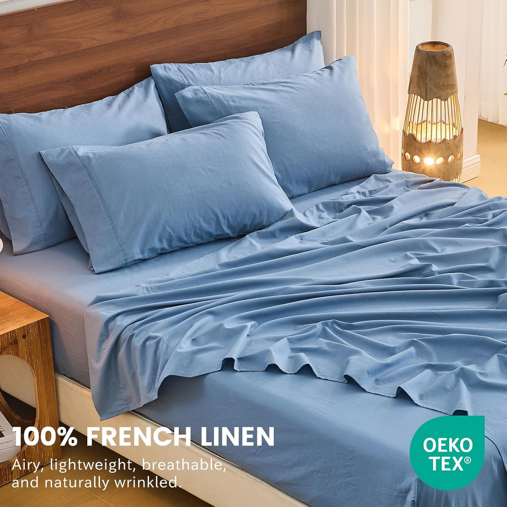 Bedlifes 100% French Linen Sheets Queen Size 18-24' Extra Deep Pocket 4-Piece Set Breathable & Moisture-Wicking,Soft & Durable Sheets for Thick Mattresses(Flint Blue)